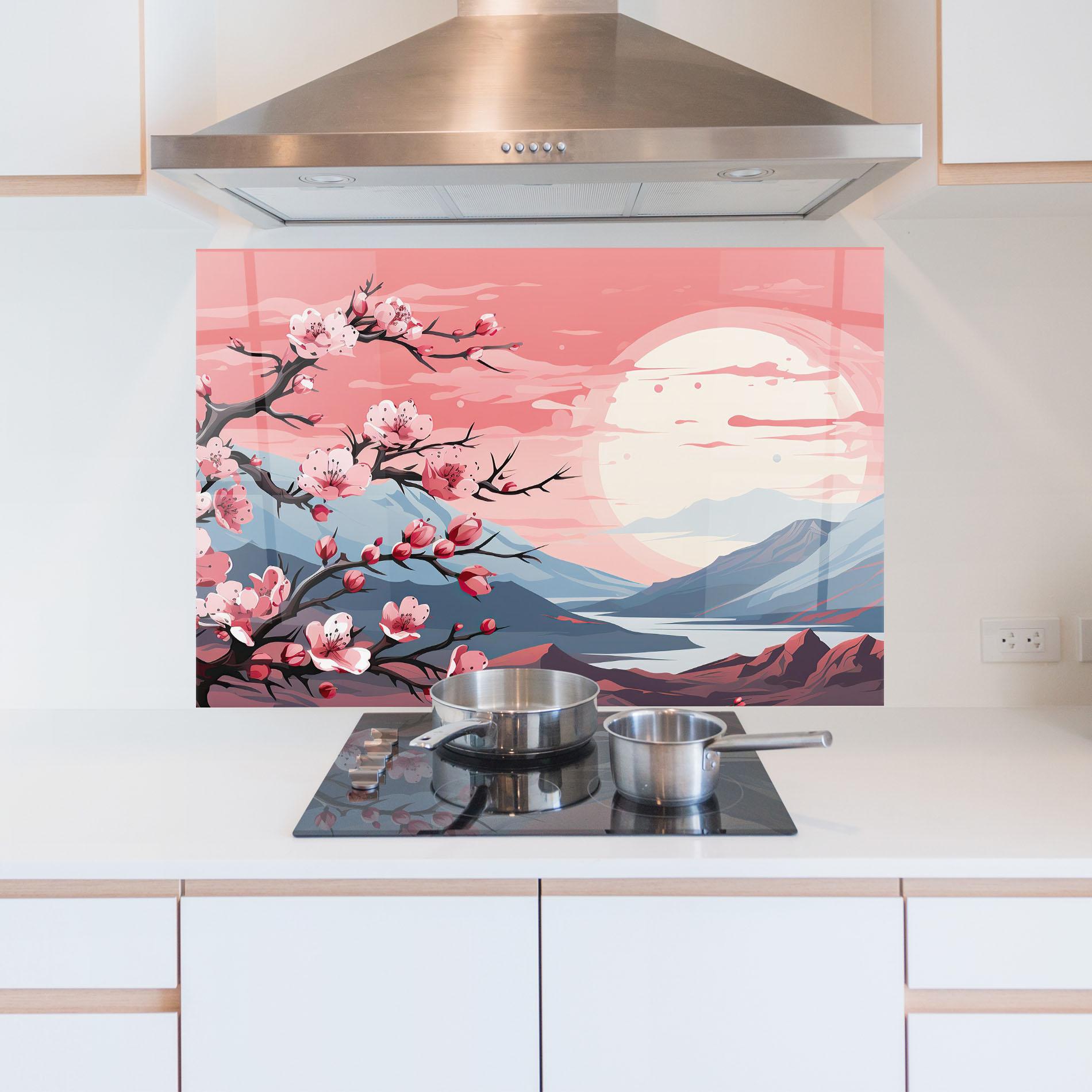 Konyhai üveg hátfal Chinese Cherry Blossoms mockup 5