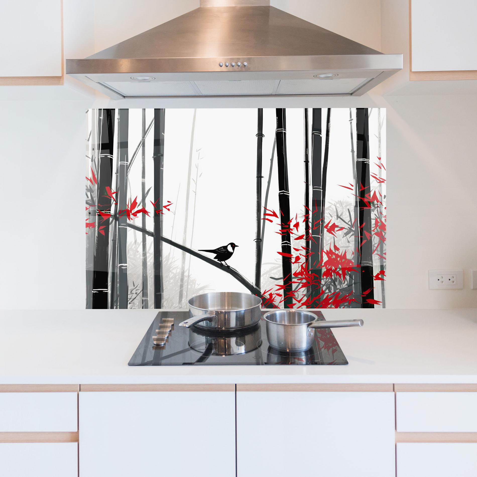 Konyhai üveg hátfal Chinese Red Leafs mockup 5