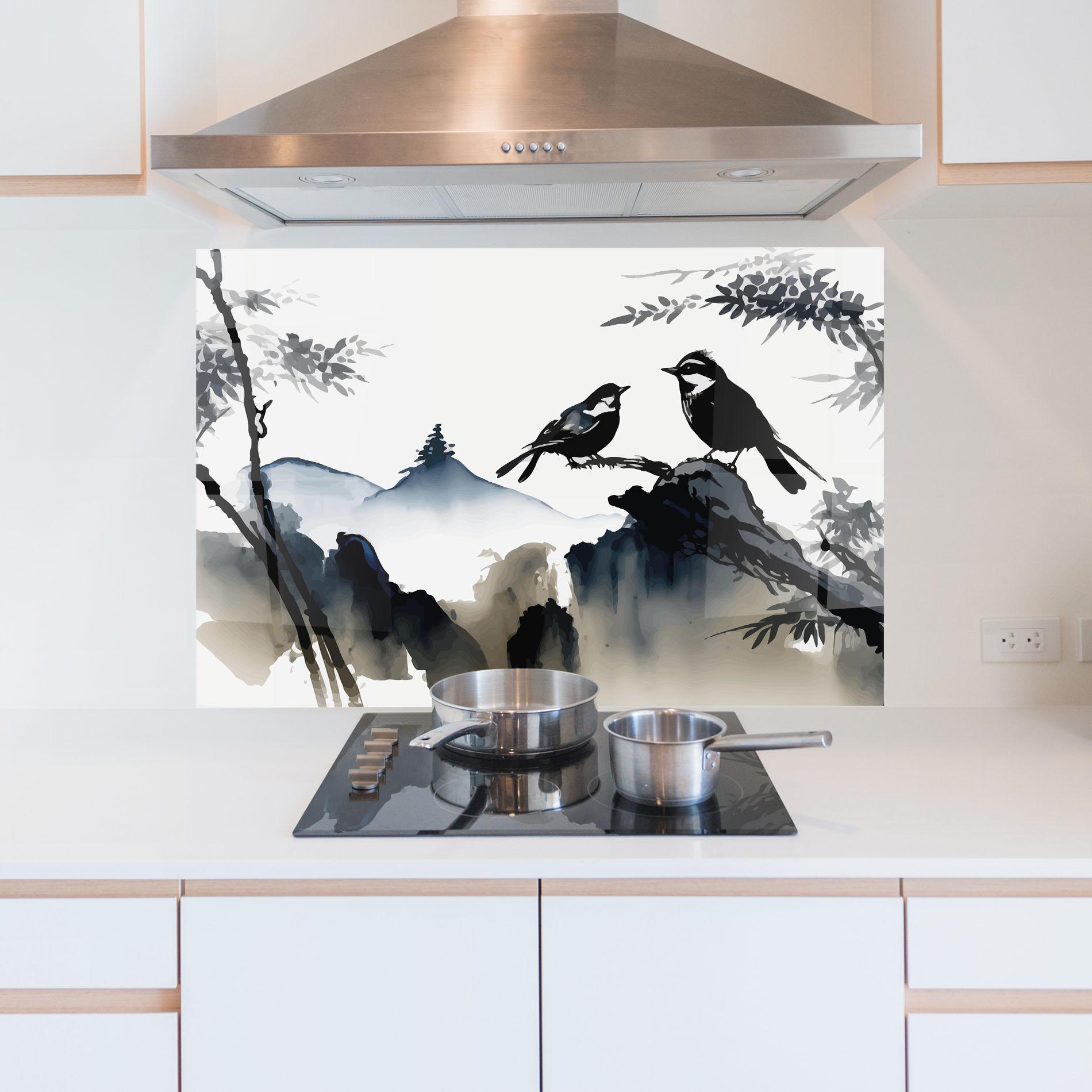 Konyhai üveg hátfal Cream Blue Mountain Bird mockup 5