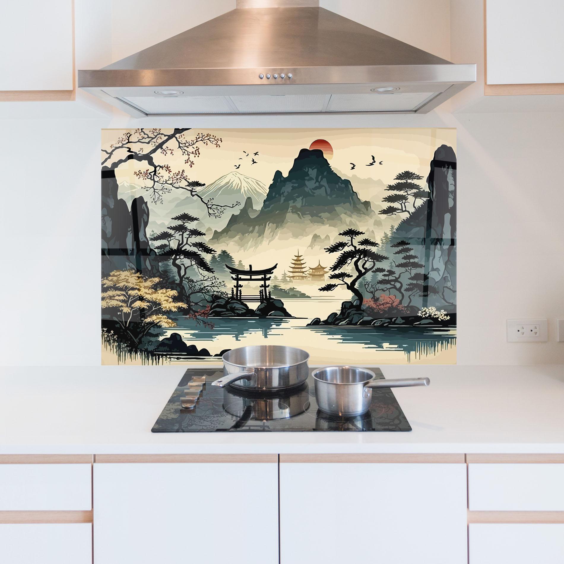 Konyhai üveg hátfal Cream Chinese Mountain mockup 5