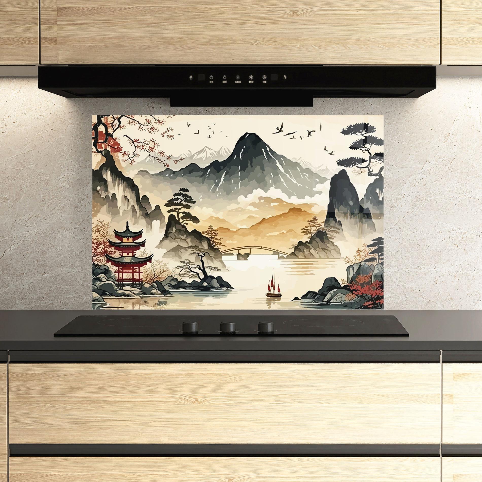 Konyhai üveg hátfal Asian Mountain View mockup 3