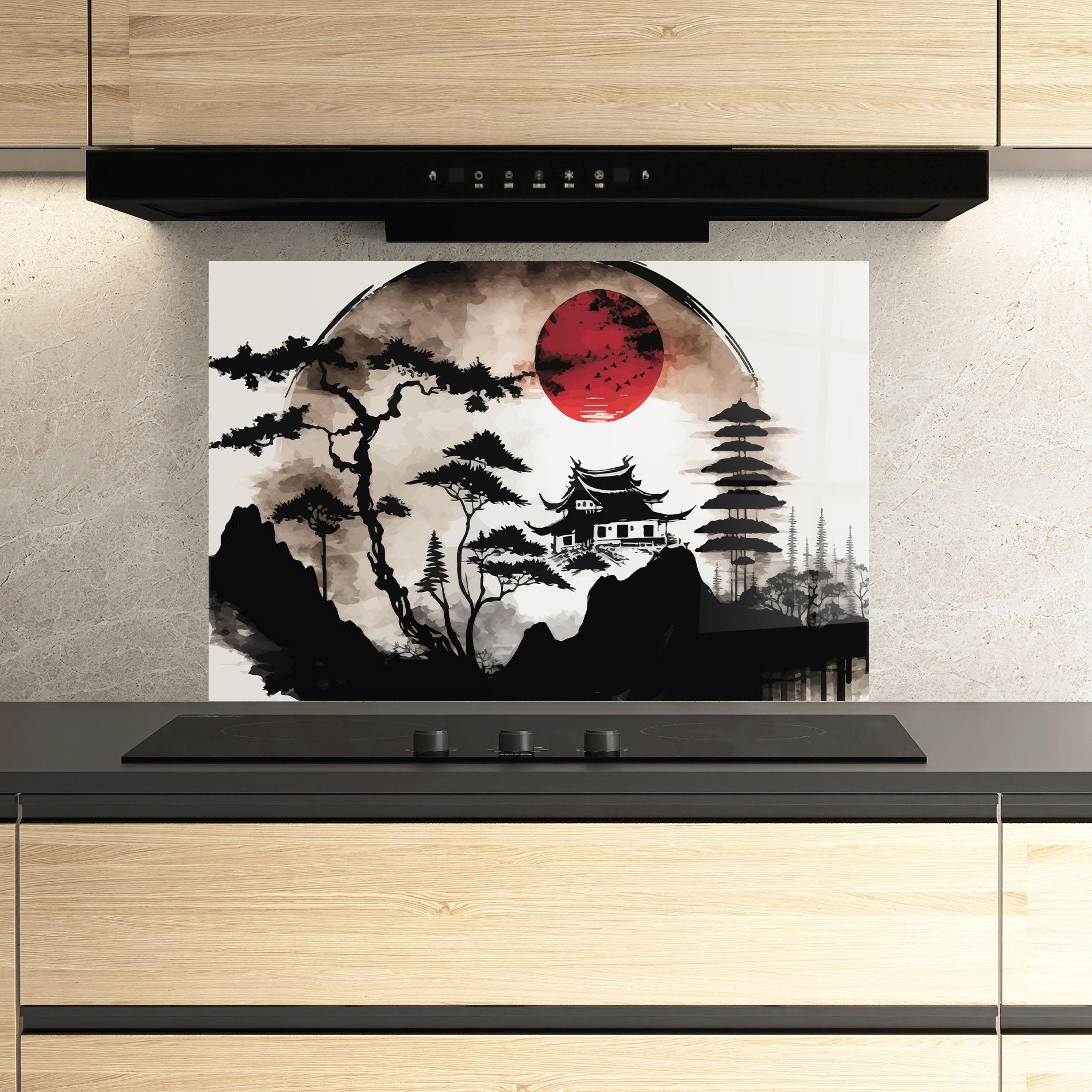 Konyhai üveg hátfal Asian Red Moon mockup 3