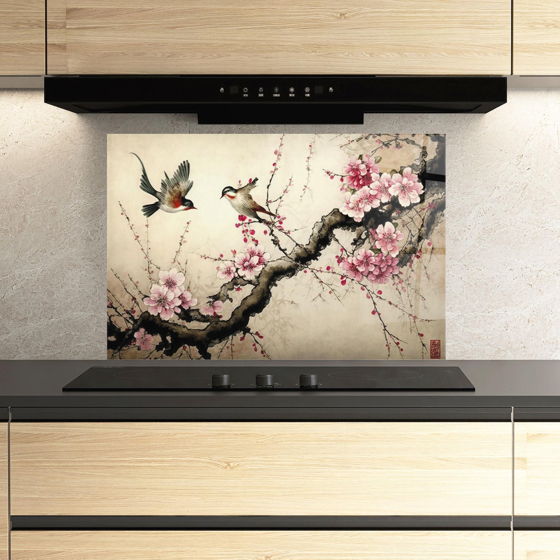 Konyhai üveg hátfal Cherry Blossom Birds mockup 3