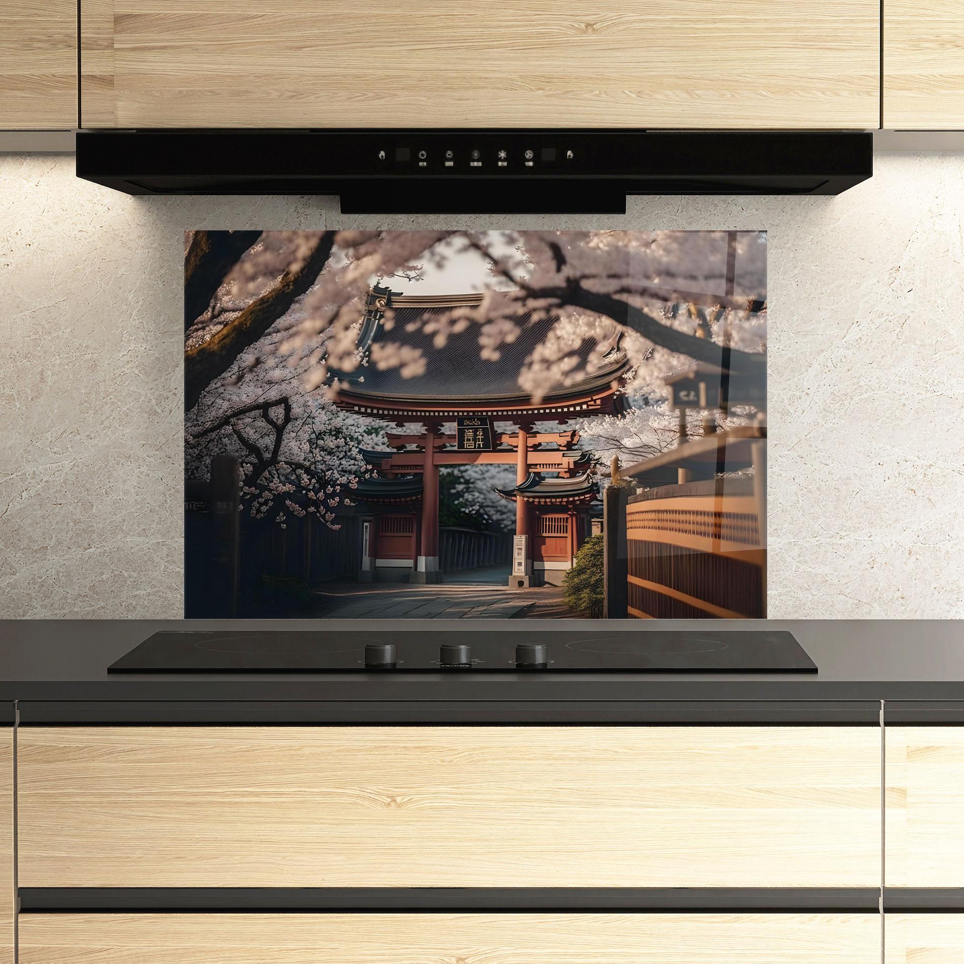 Konyhai üveg hátfal Cherry Blossom Garden mockup 3