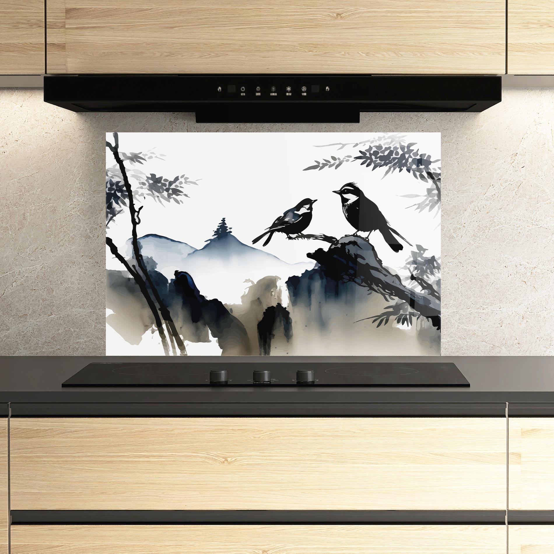 Konyhai üveg hátfal Cream Blue Mountain Bird mockup 3