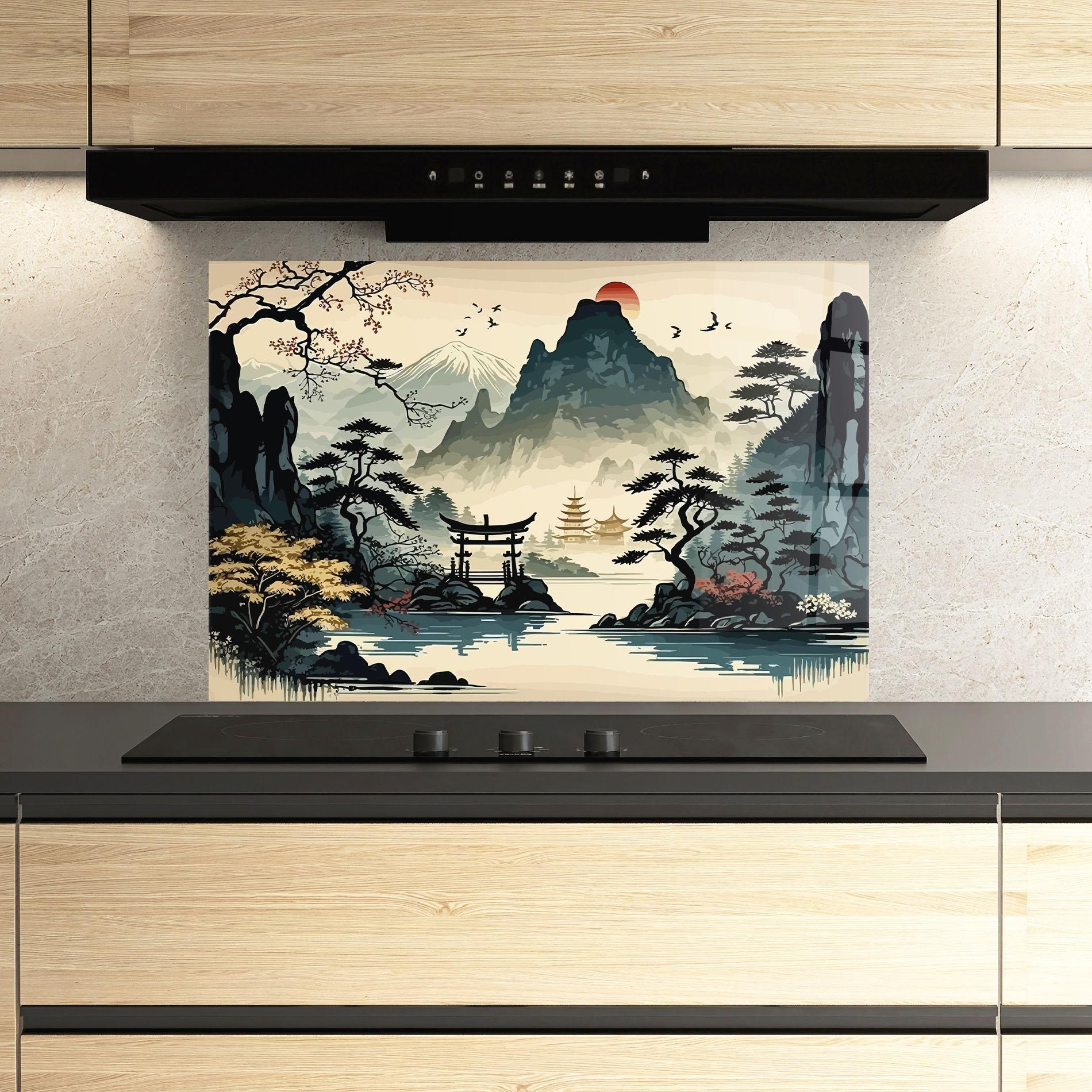 Konyhai üveg hátfal Cream Chinese Mountain mockup 3
