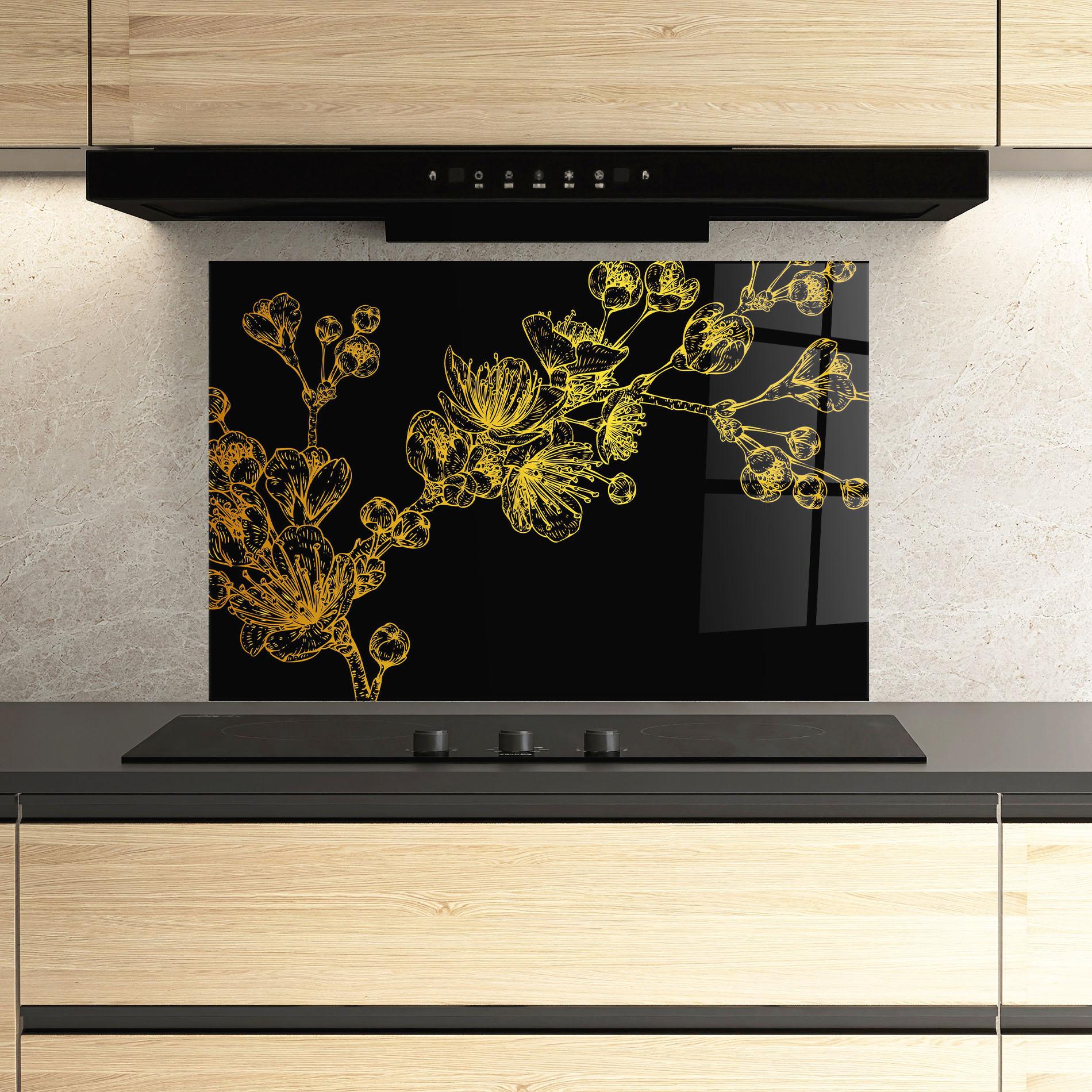 Konyhai üveg hátfal Gold Blossom Flower mockup 3
