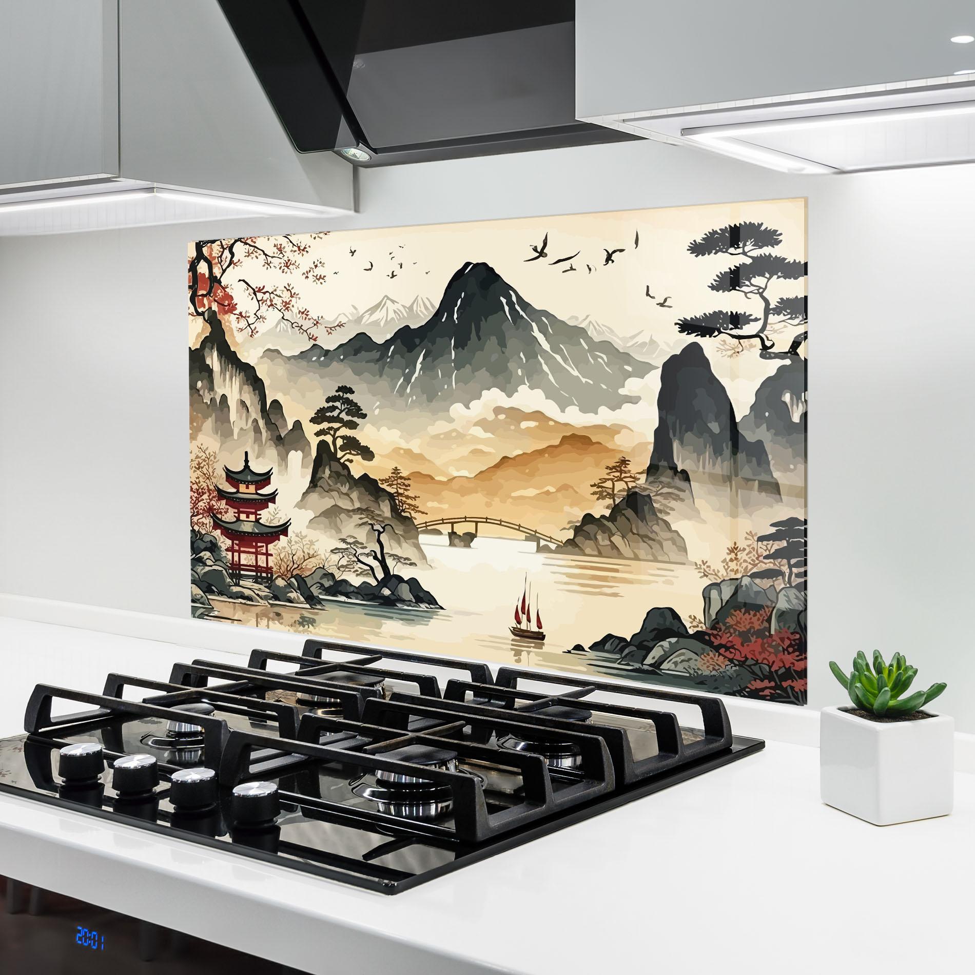 Konyhai üveg hátfal Asian Mountain View mockup 6