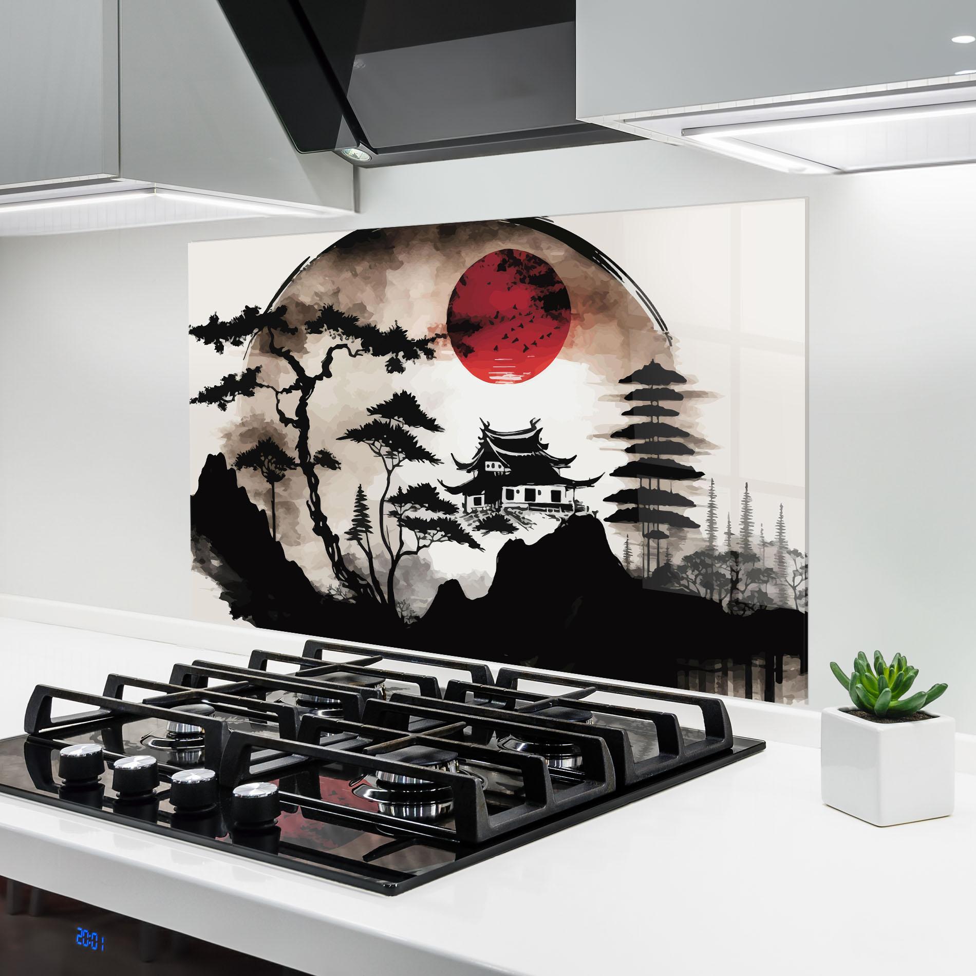 Konyhai üveg hátfal Asian Red Moon mockup 6