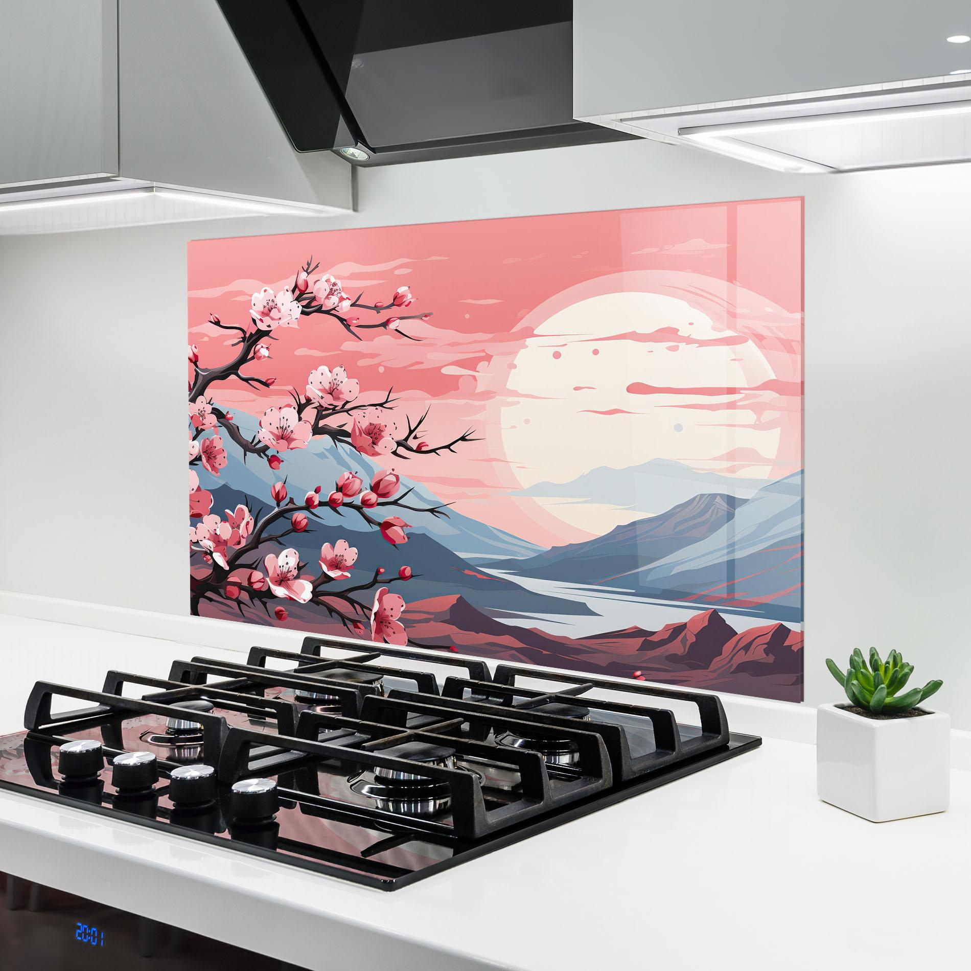 Konyhai üveg hátfal Chinese Cherry Blossoms mockup 6