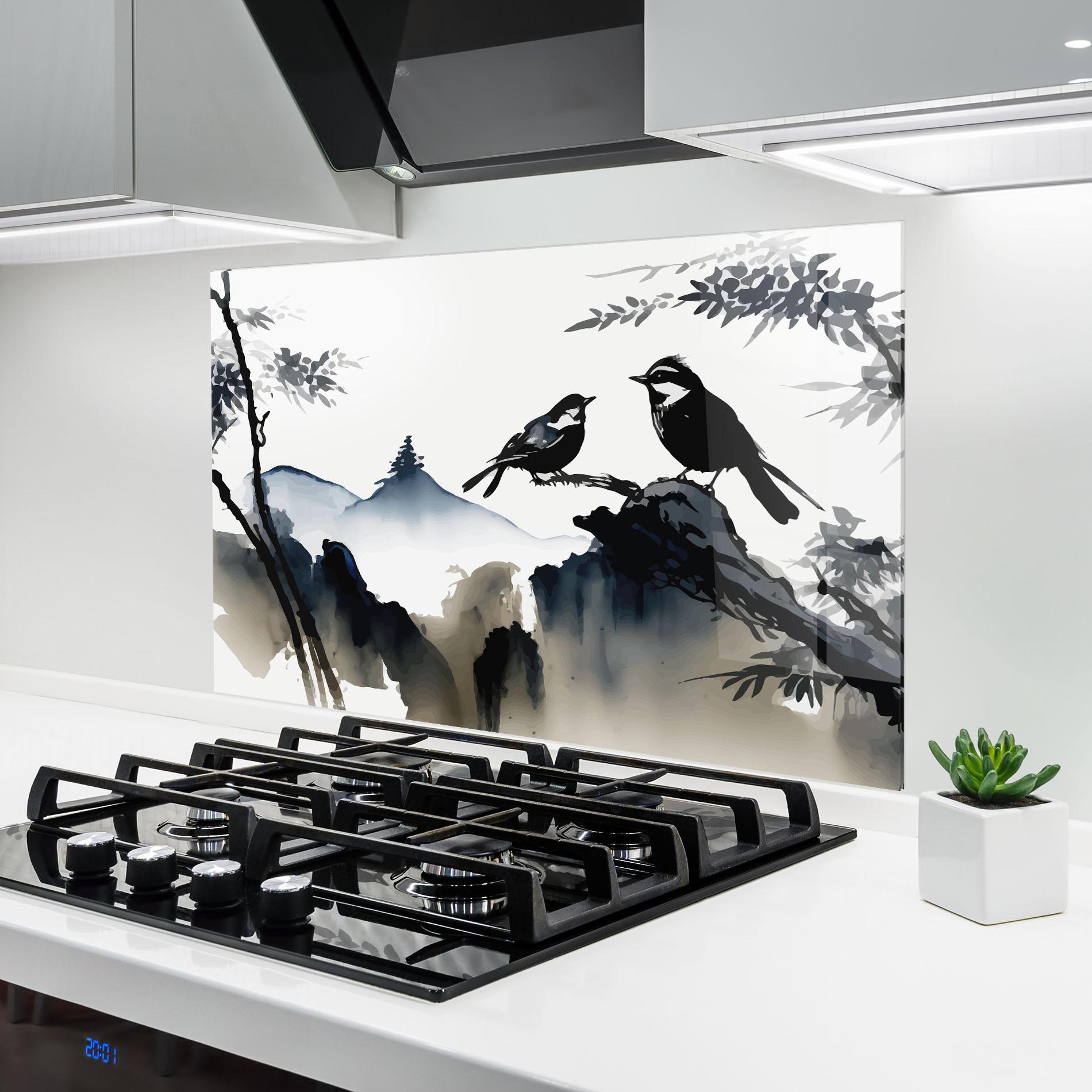 Konyhai üveg hátfal Cream Blue Mountain Bird mockup 6