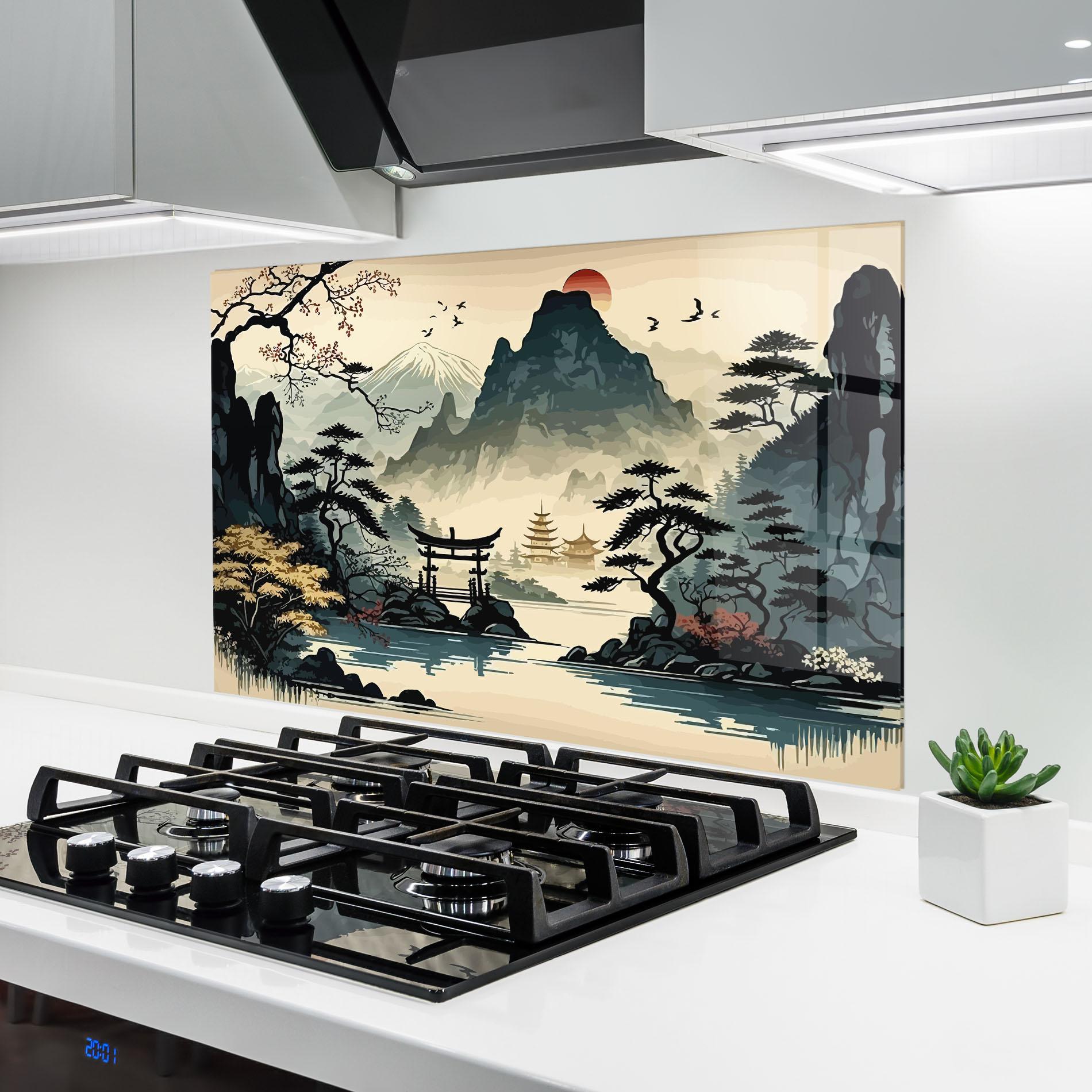 Konyhai üveg hátfal Cream Chinese Mountain mockup 6