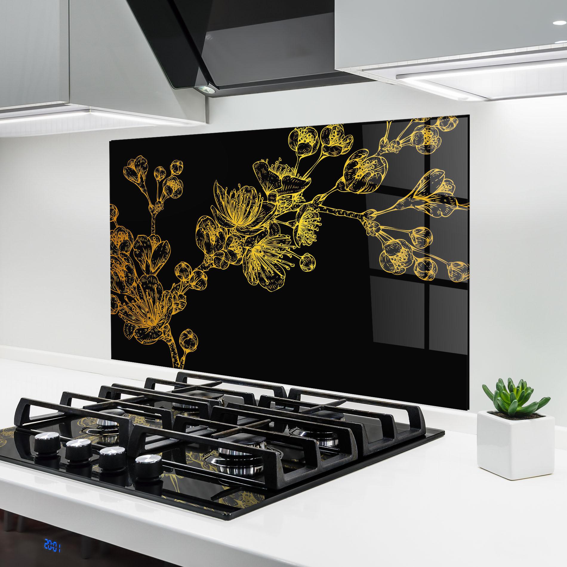 Konyhai üveg hátfal Gold Blossom Flower mockup 6