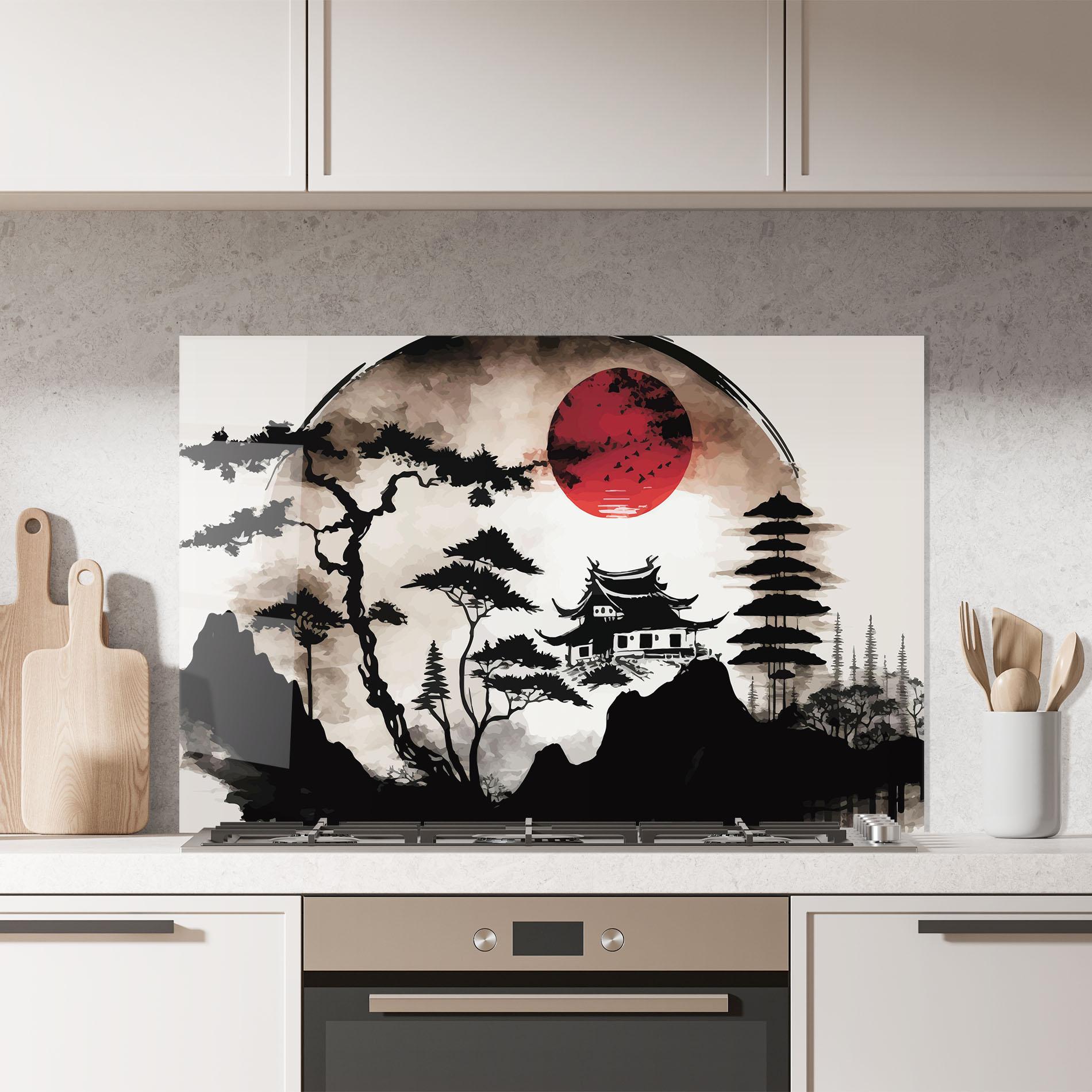 Konyhai üveg hátfal Asian Red Moon mockup 7