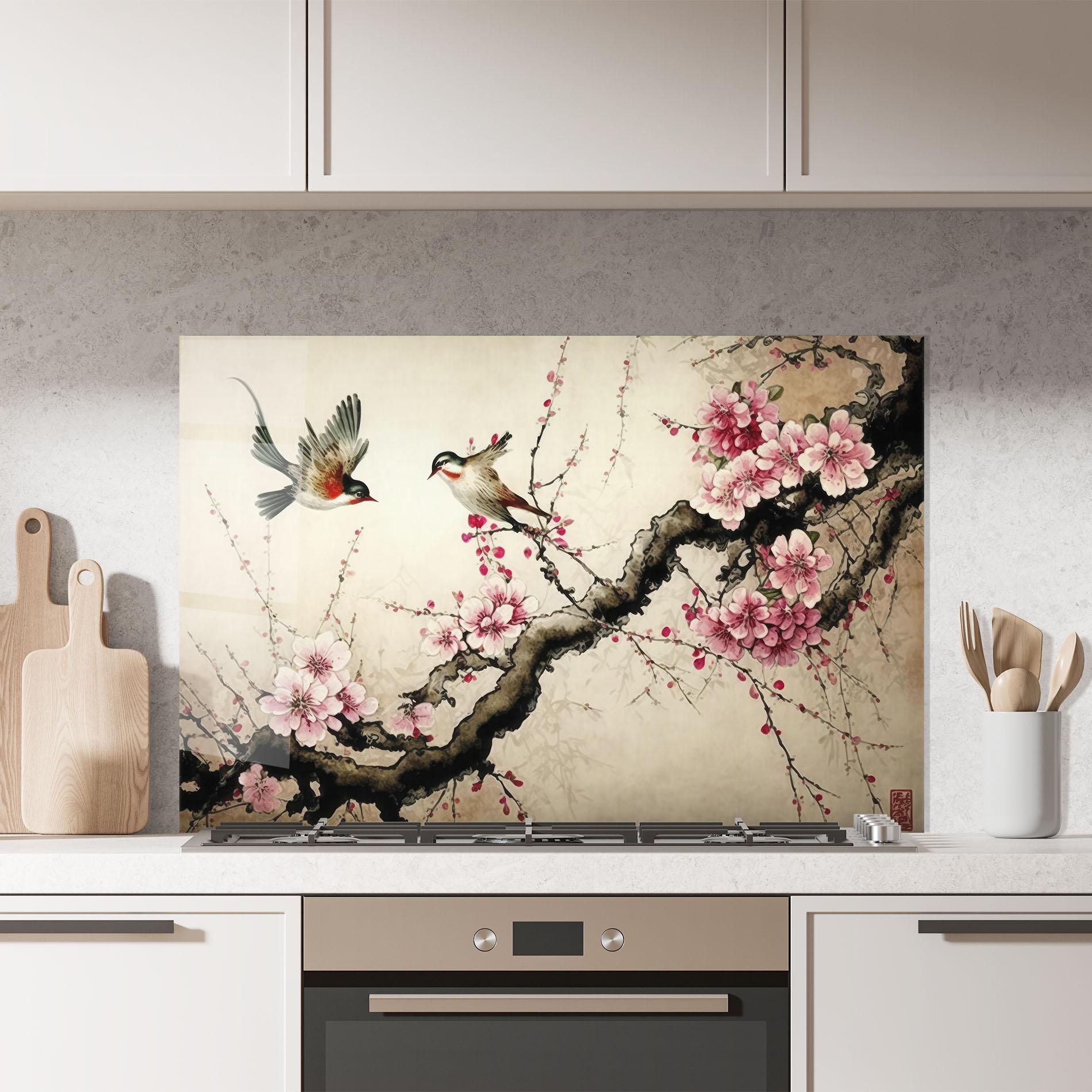 Konyhai üveg hátfal Cherry Blossom Birds mockup 7