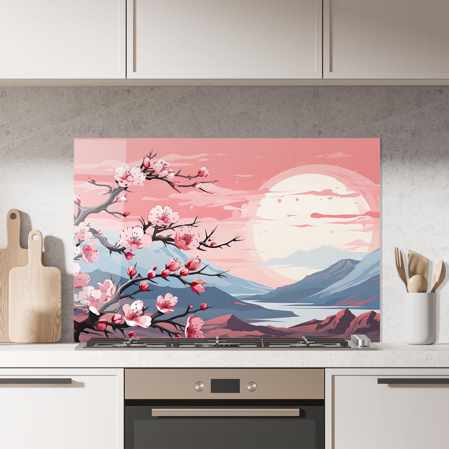 Konyhai üveg hátfal Chinese Cherry Blossoms mockup 7