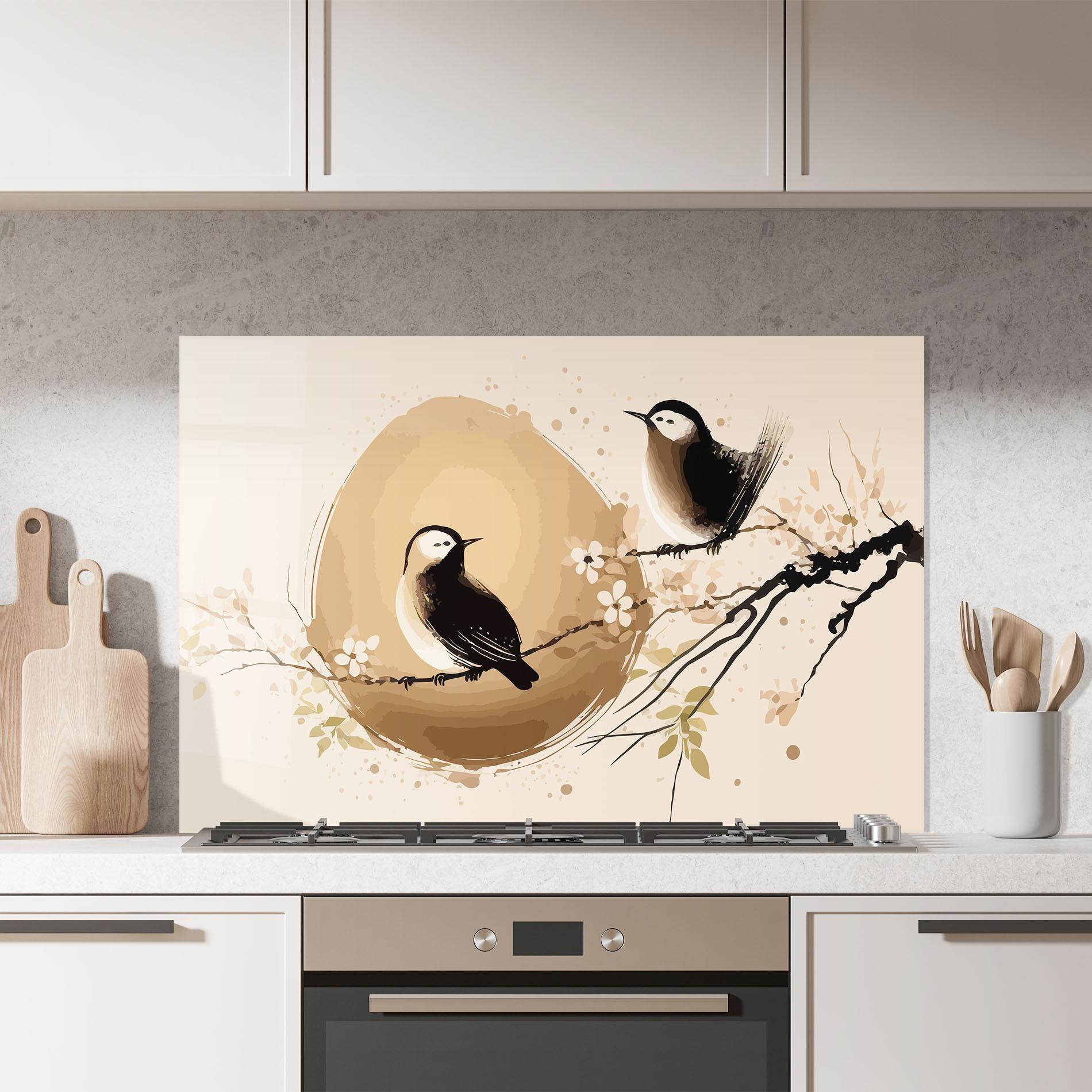 Konyhai üveg hátfal Cream Blossoms Bird mockup 7