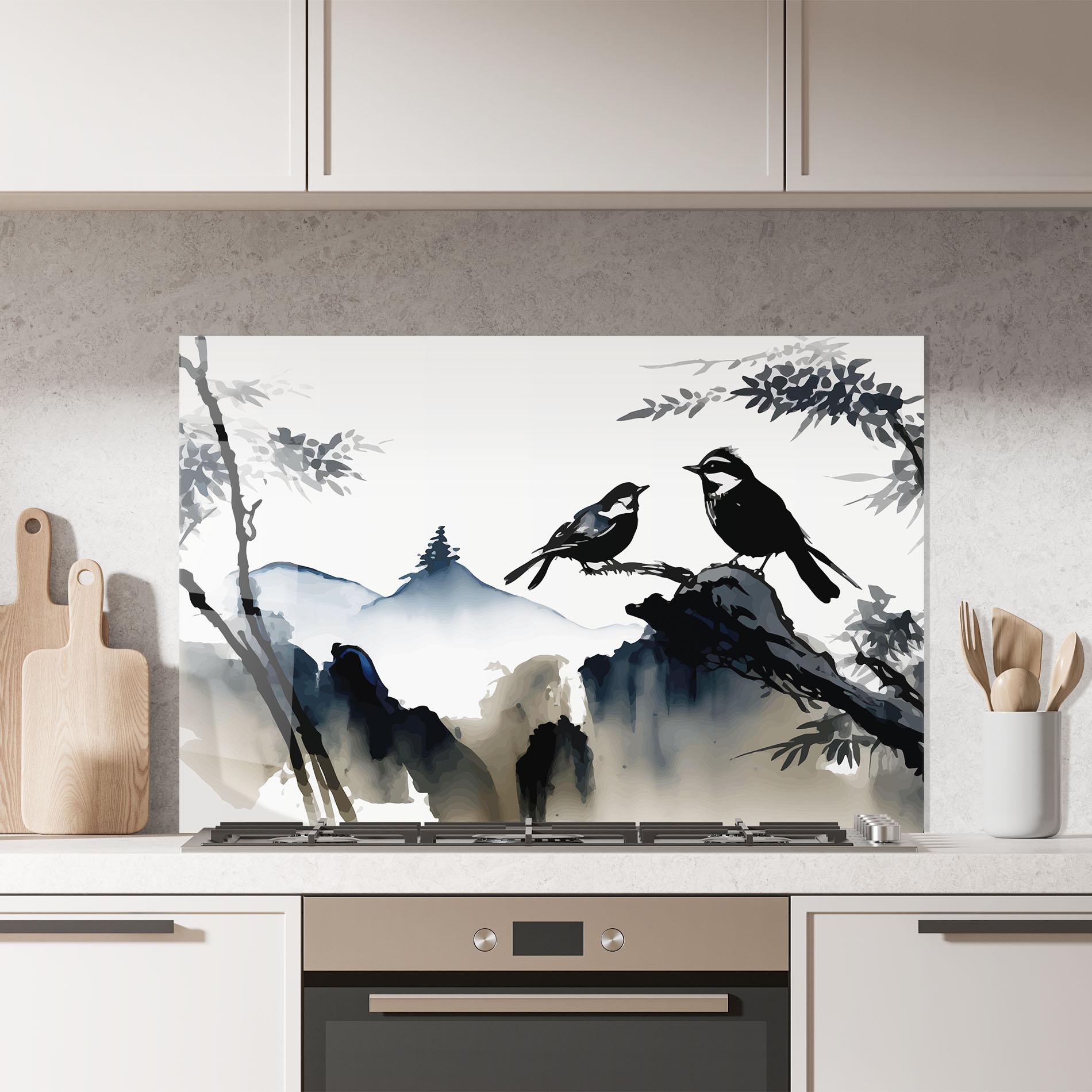 Konyhai üveg hátfal Cream Blue Mountain Bird mockup 7
