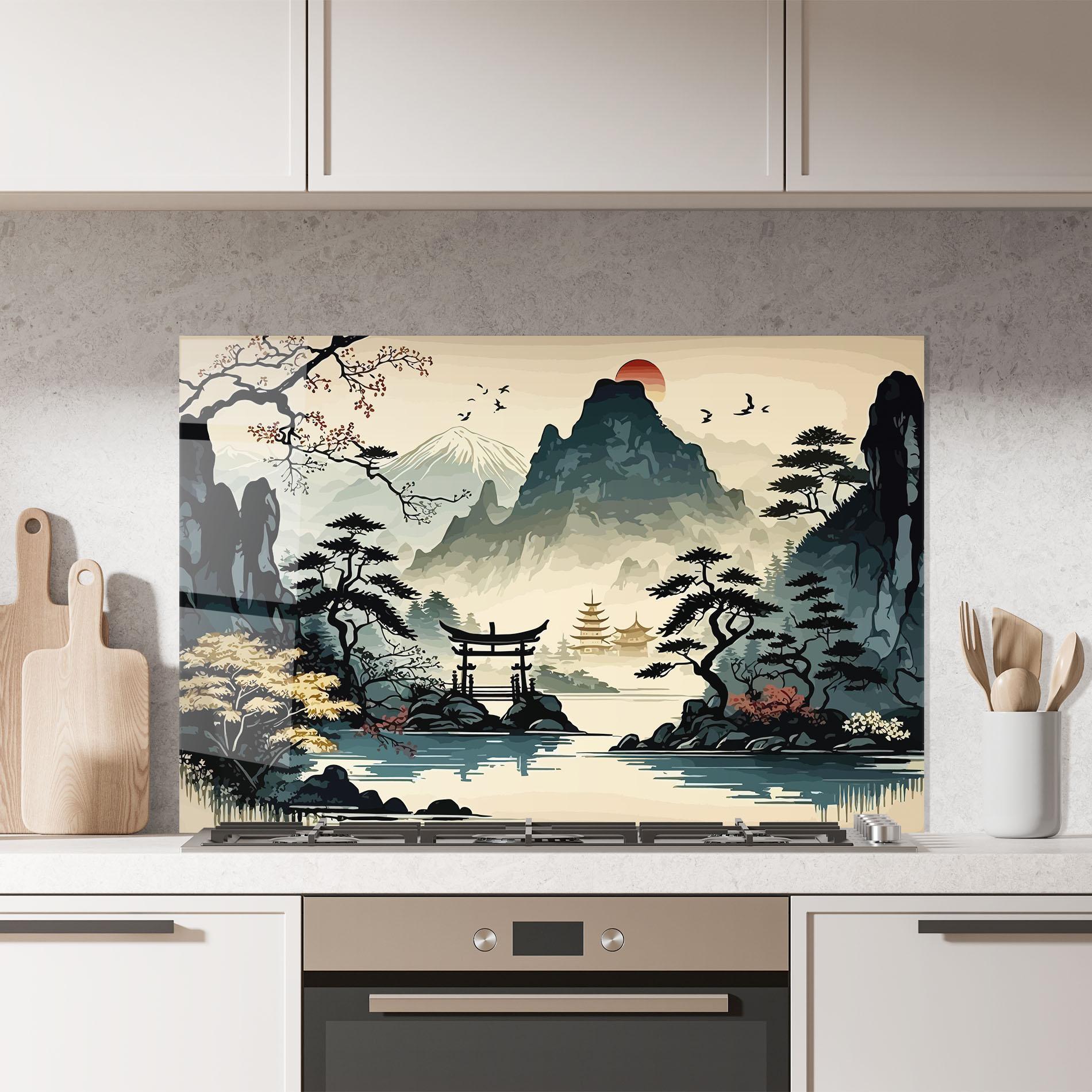 Konyhai üveg hátfal Cream Chinese Mountain mockup 7