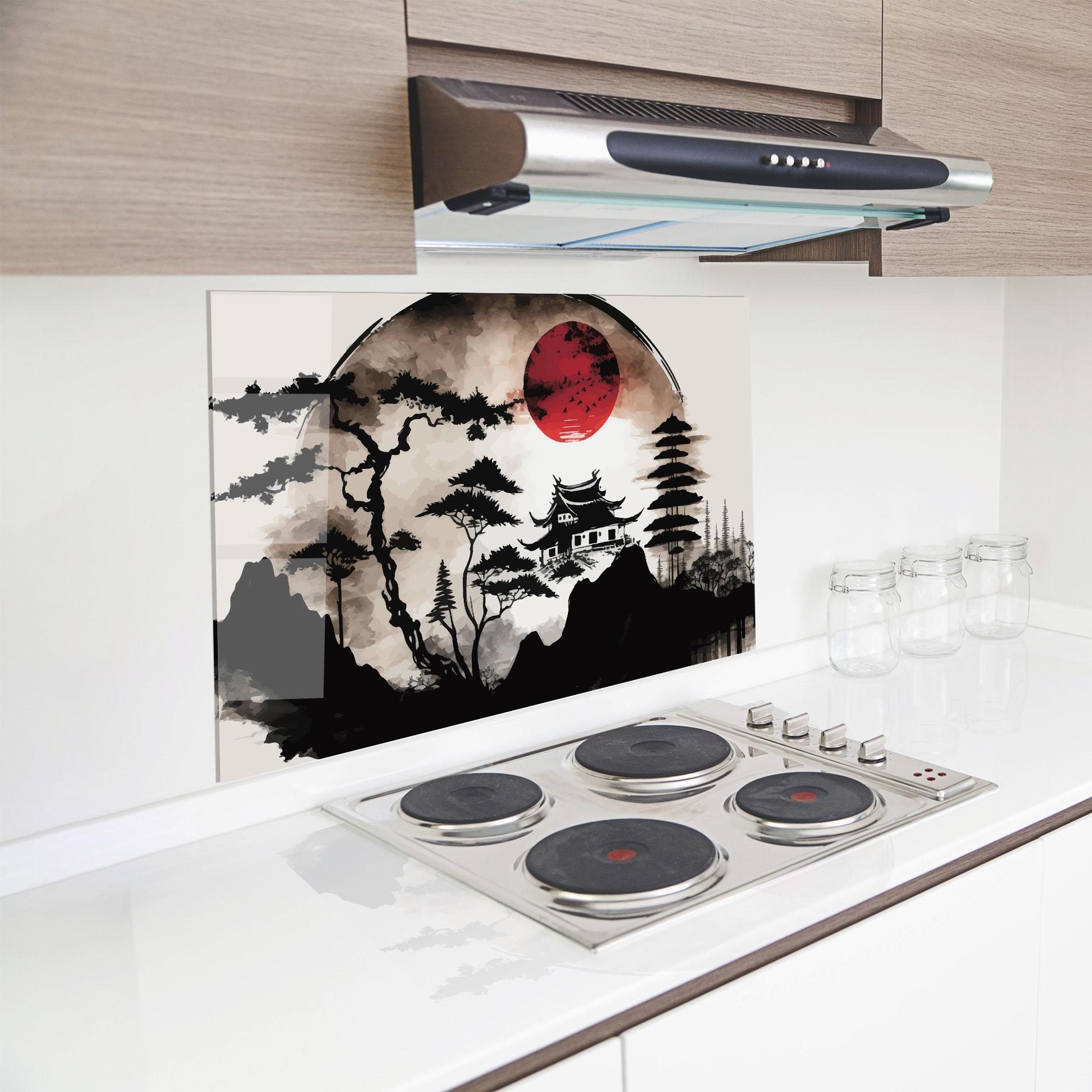 Konyhai üveg hátfal Asian Red Moon mockup 8