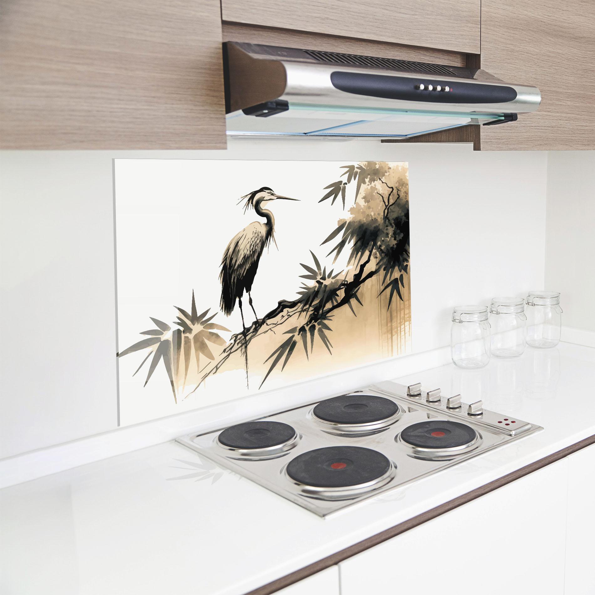 Konyhai üveg hátfal Black Cream Bird Art mockup 8
