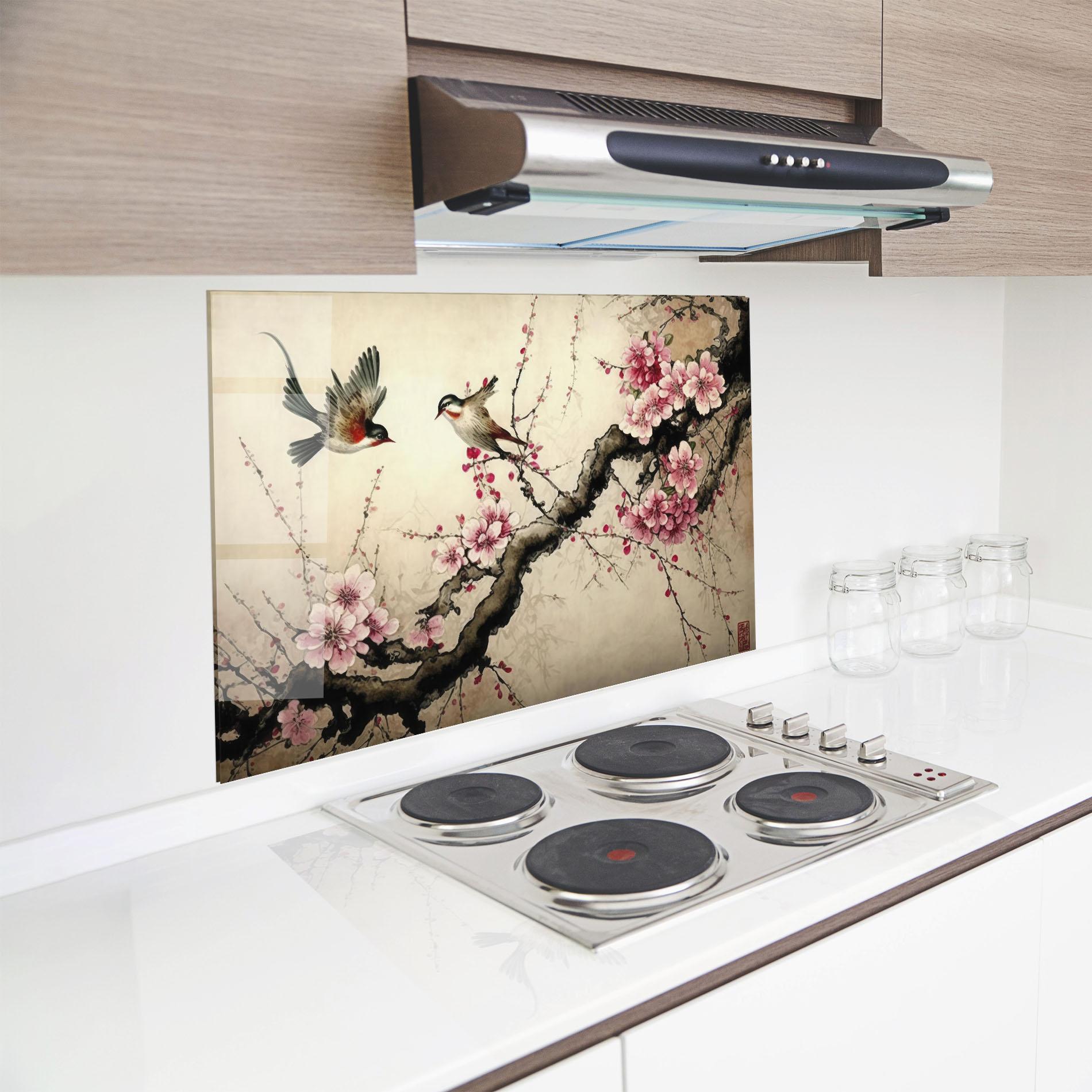 Konyhai üveg hátfal Cherry Blossom Birds mockup 8