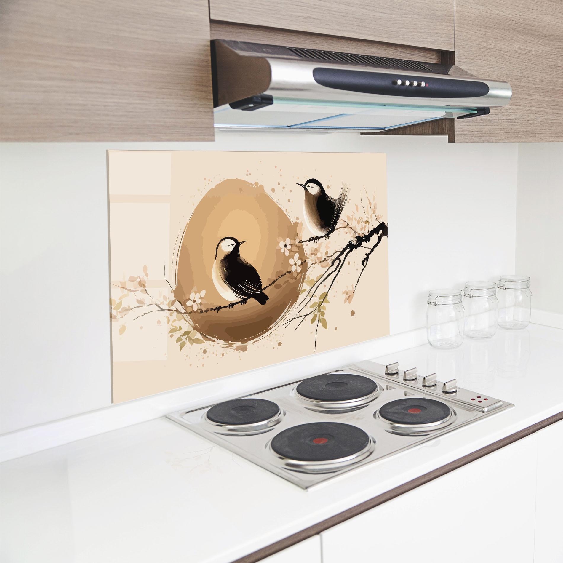 Konyhai üveg hátfal Cream Blossoms Bird mockup 8