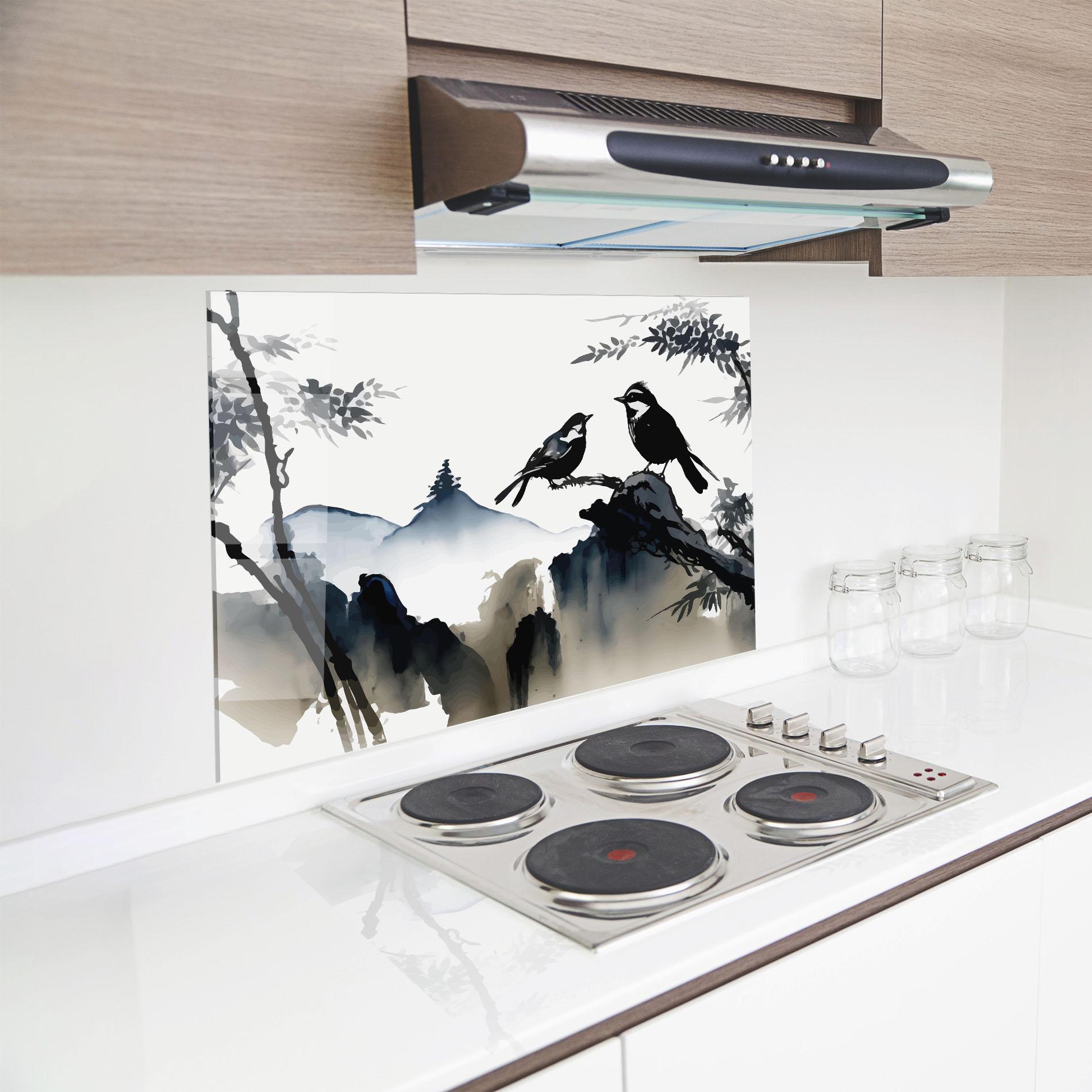 Konyhai üveg hátfal Cream Blue Mountain Bird mockup 8