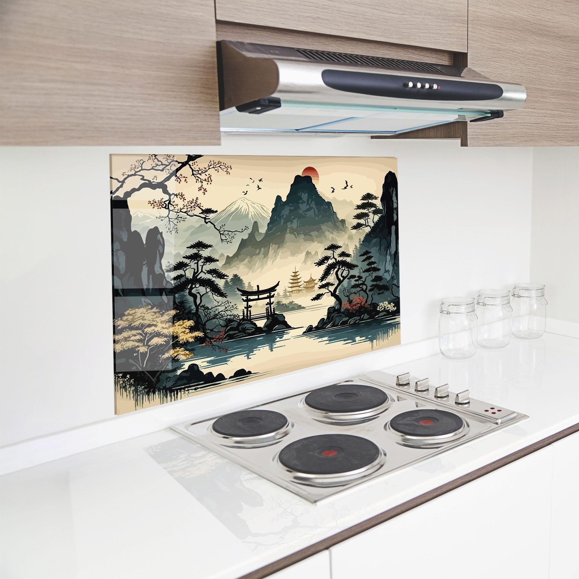 Konyhai üveg hátfal Cream Chinese Mountain mockup 8