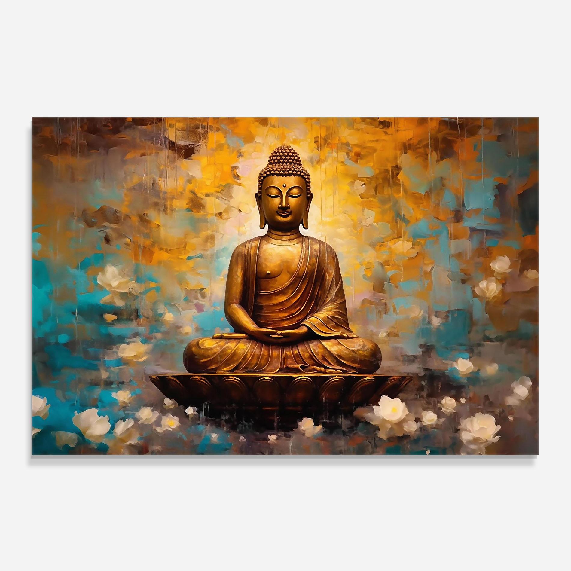 Konyhai üveg hátfal Blue Gold Buddha mockup 0