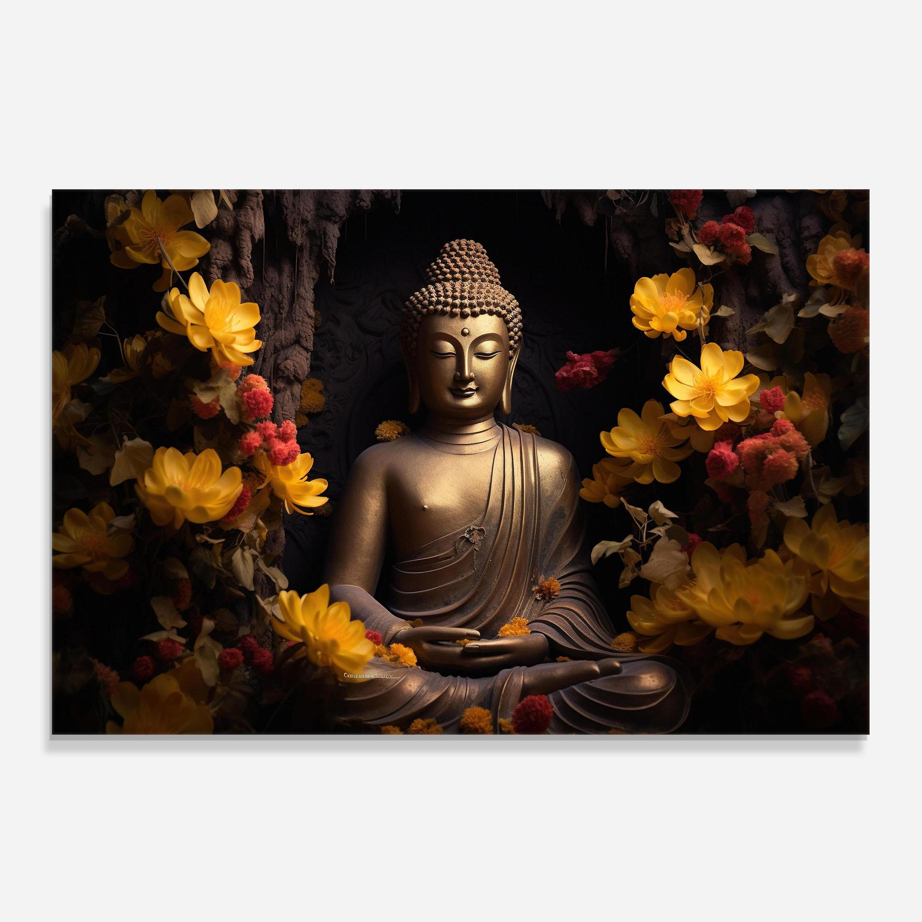 Konyhai üveg hátfal Buddha Yellow Red mockup 0