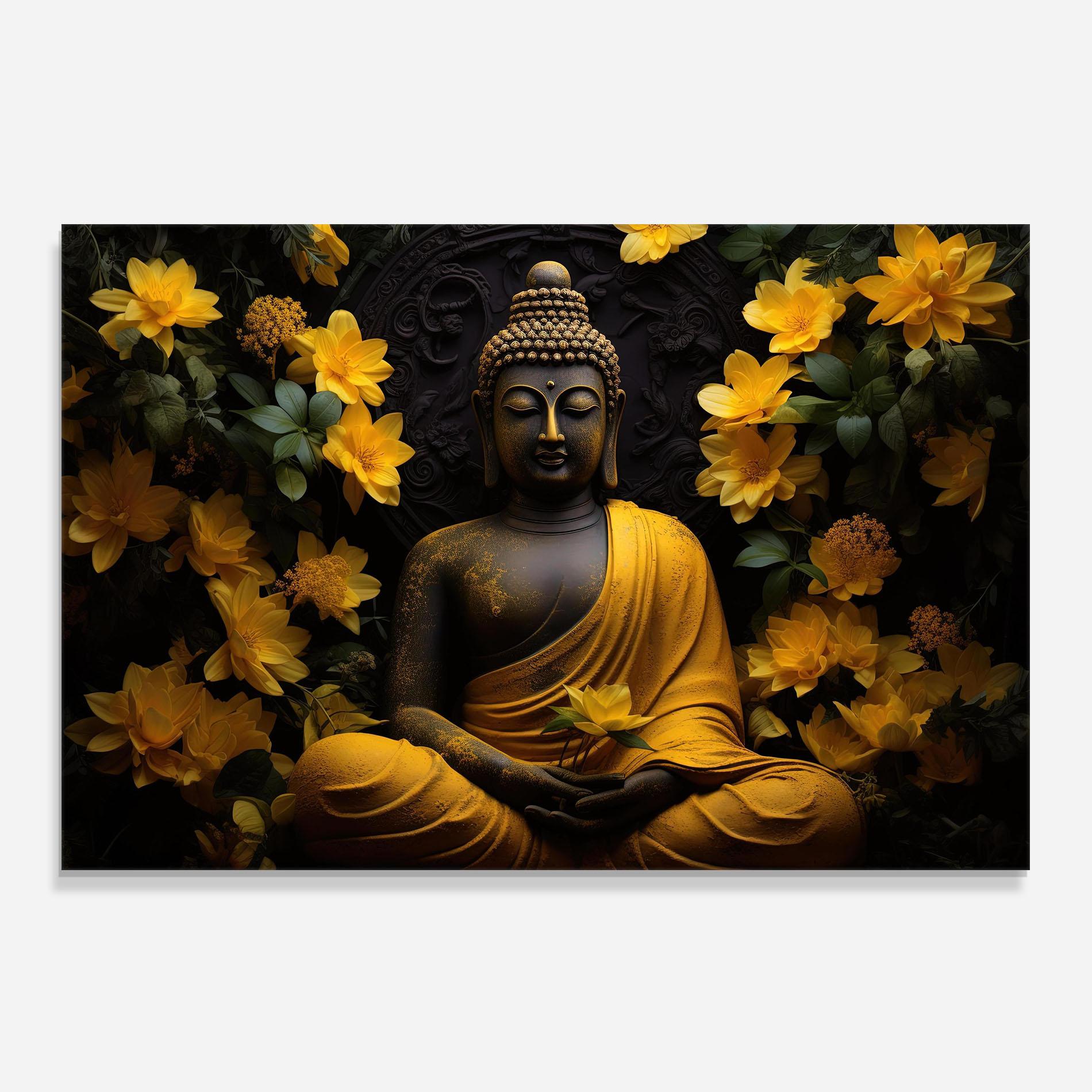 Konyhai üveg hátfal Buddha Yellow Statue mockup 0
