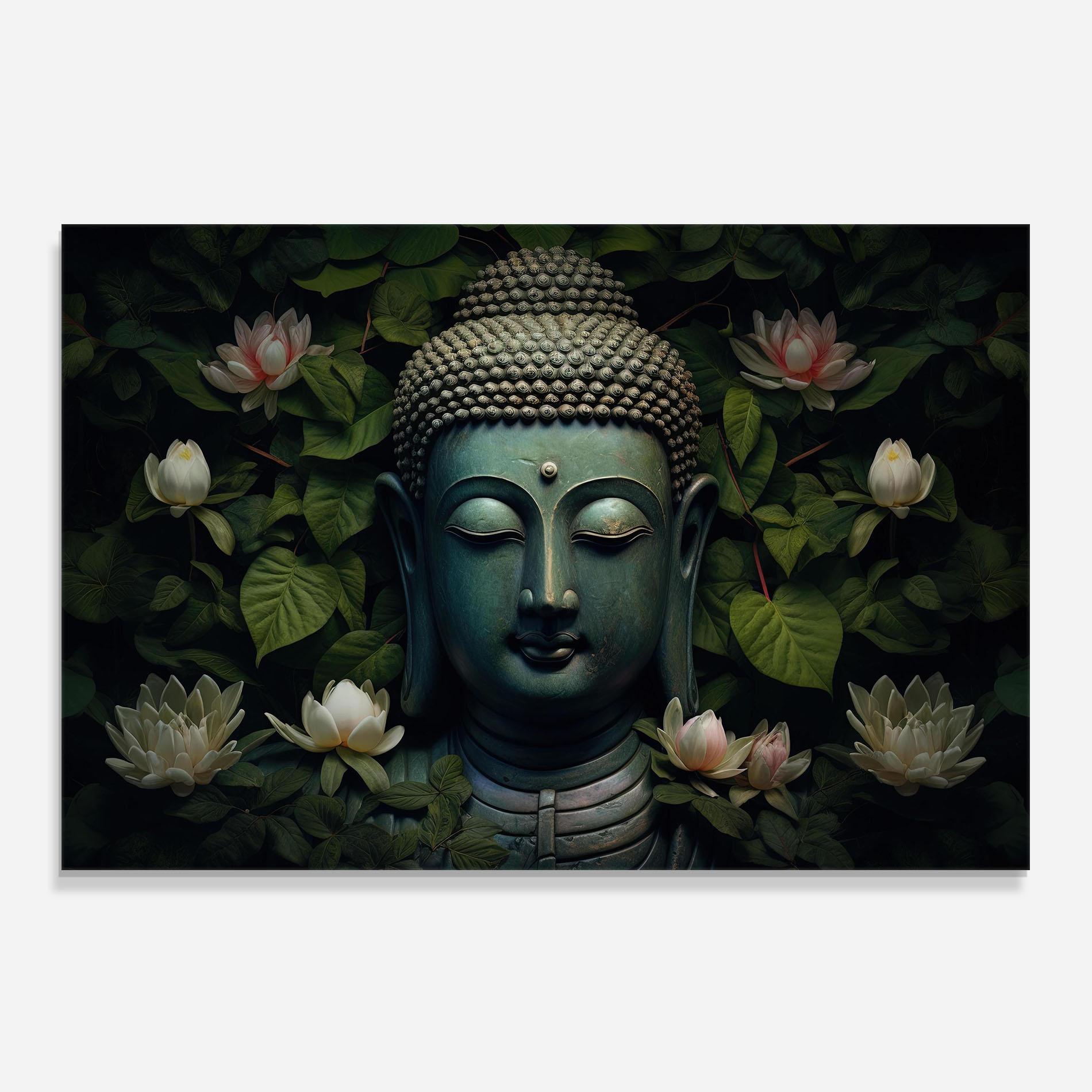 Konyhai üveg hátfal Green Statue Buddha mockup 0