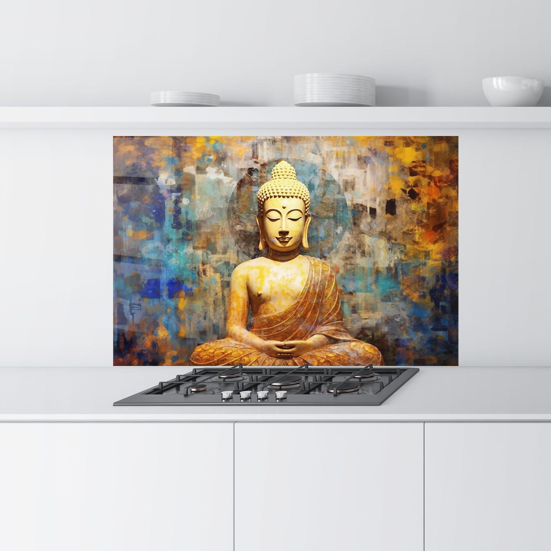 Konyhai üveg hátfal Buddha Blue Gold mockup 9