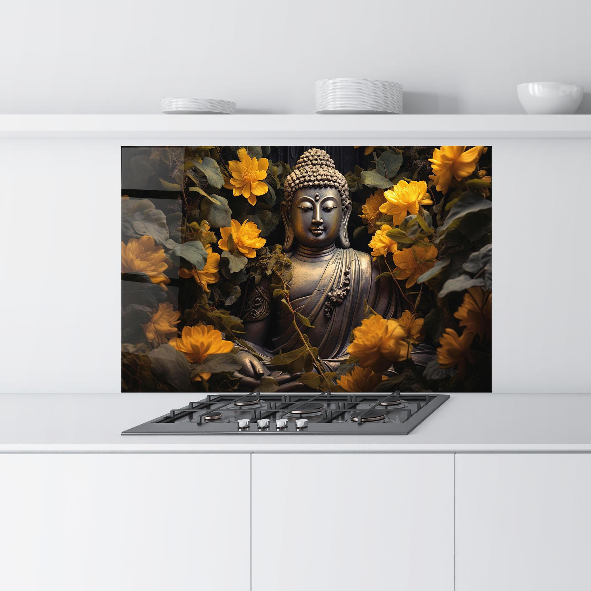 Konyhai üveg hátfal Buddha Yellow Meditation mockup 9