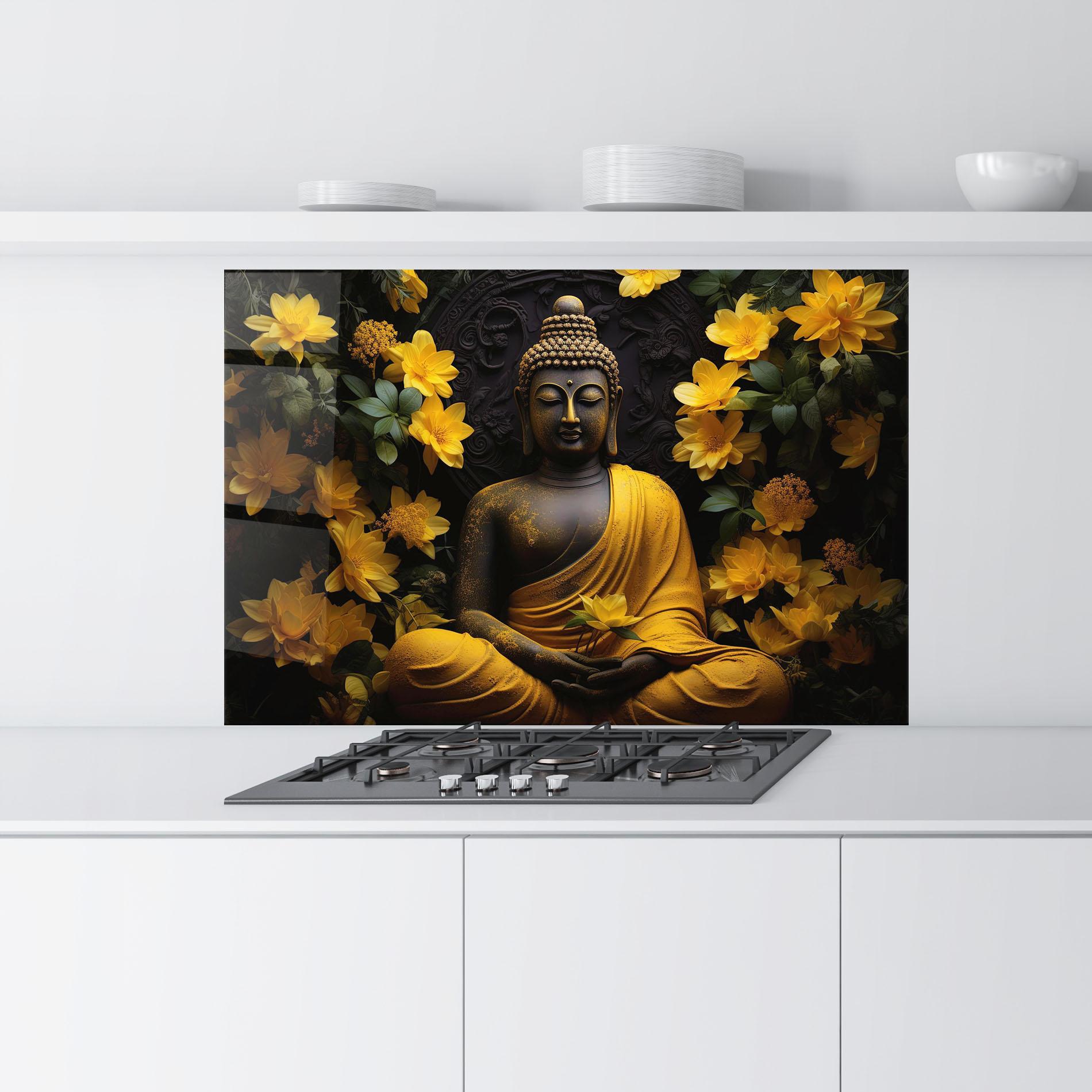 Konyhai üveg hátfal Buddha Yellow Statue mockup 9