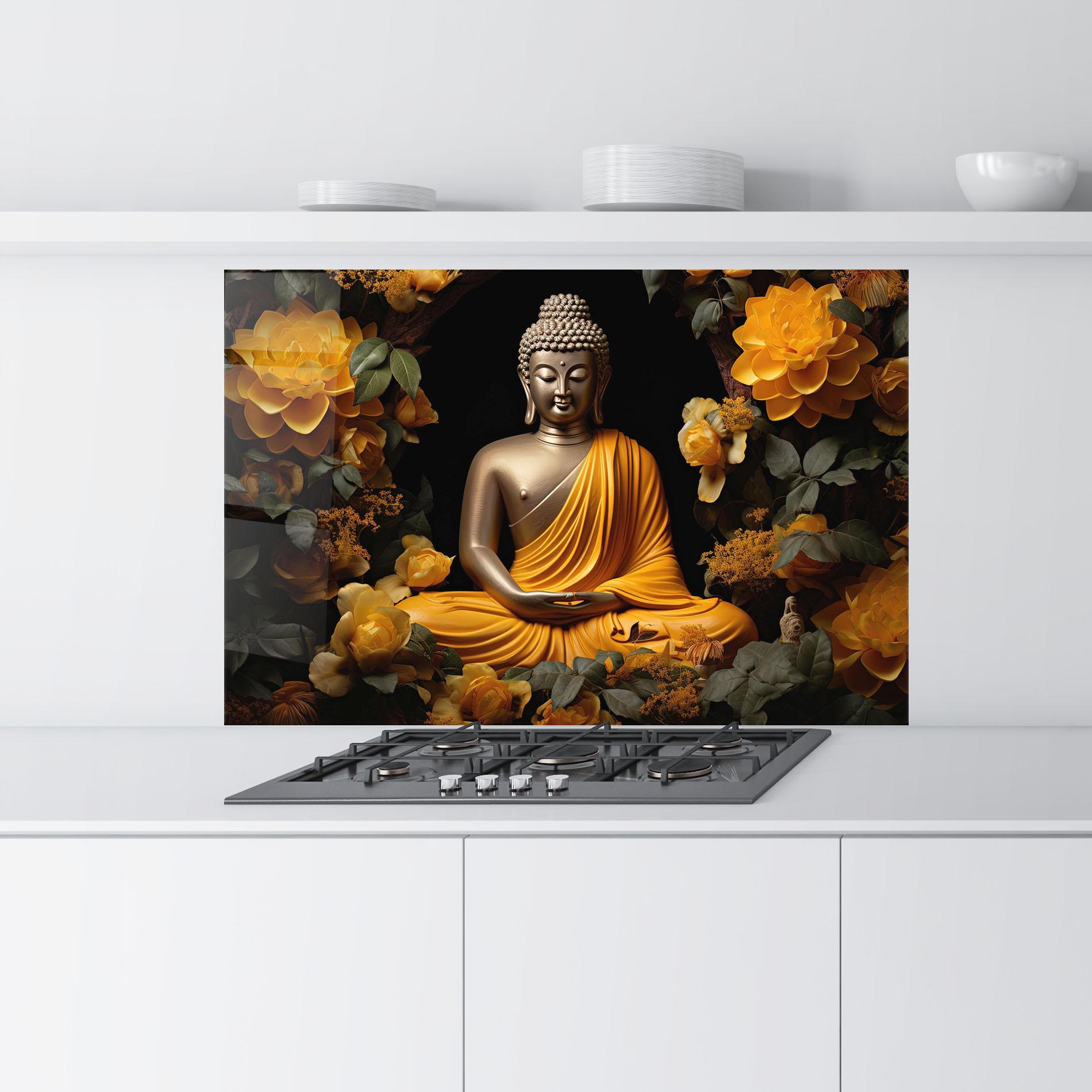 Konyhai üveg hátfal Gold Buddha Flower mockup 9