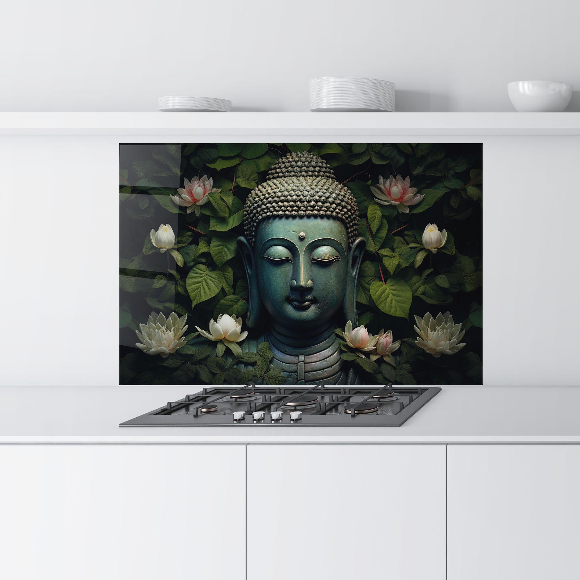 Konyhai üveg hátfal Green Statue Buddha mockup 9