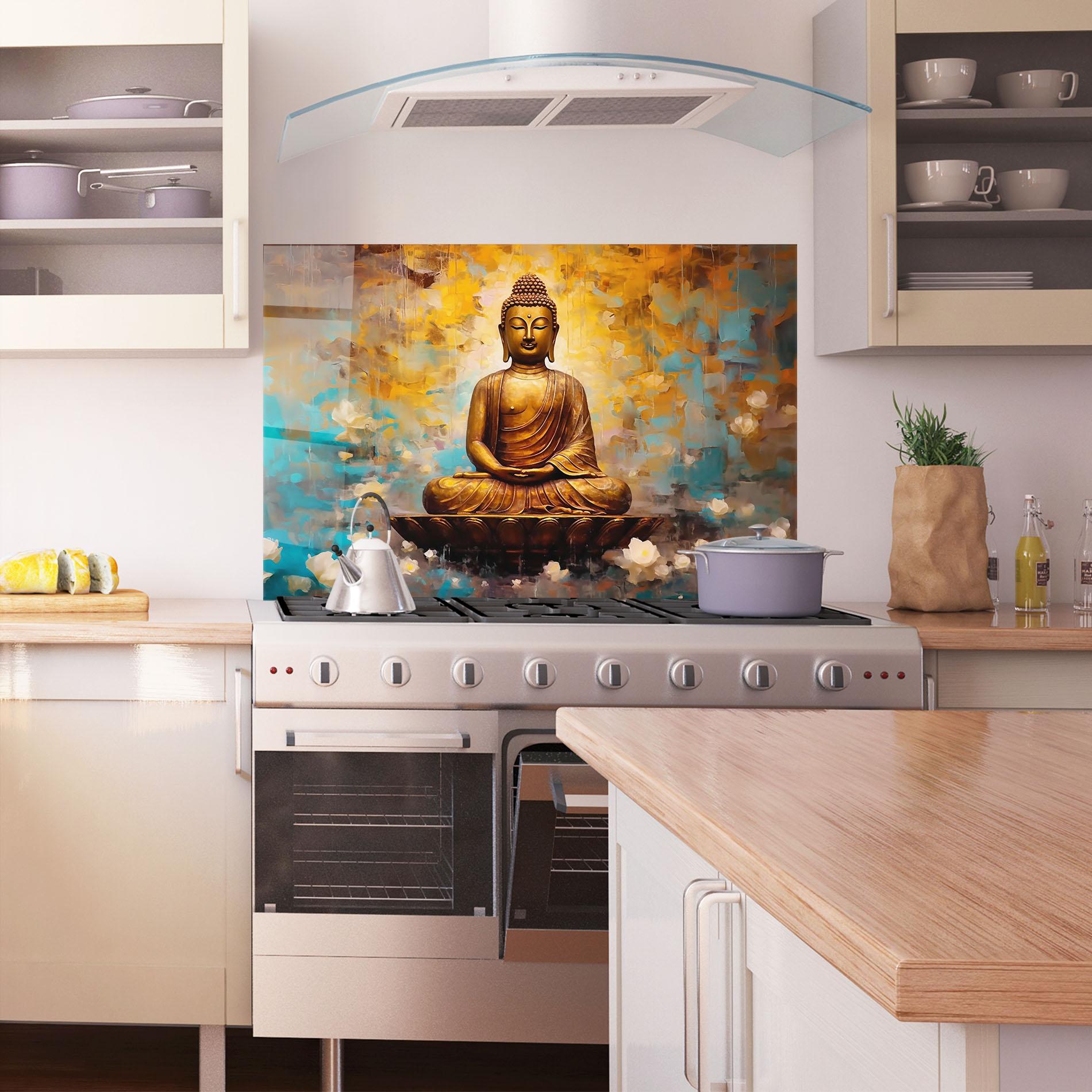 Konyhai üveg hátfal Blue Gold Buddha mockup 1