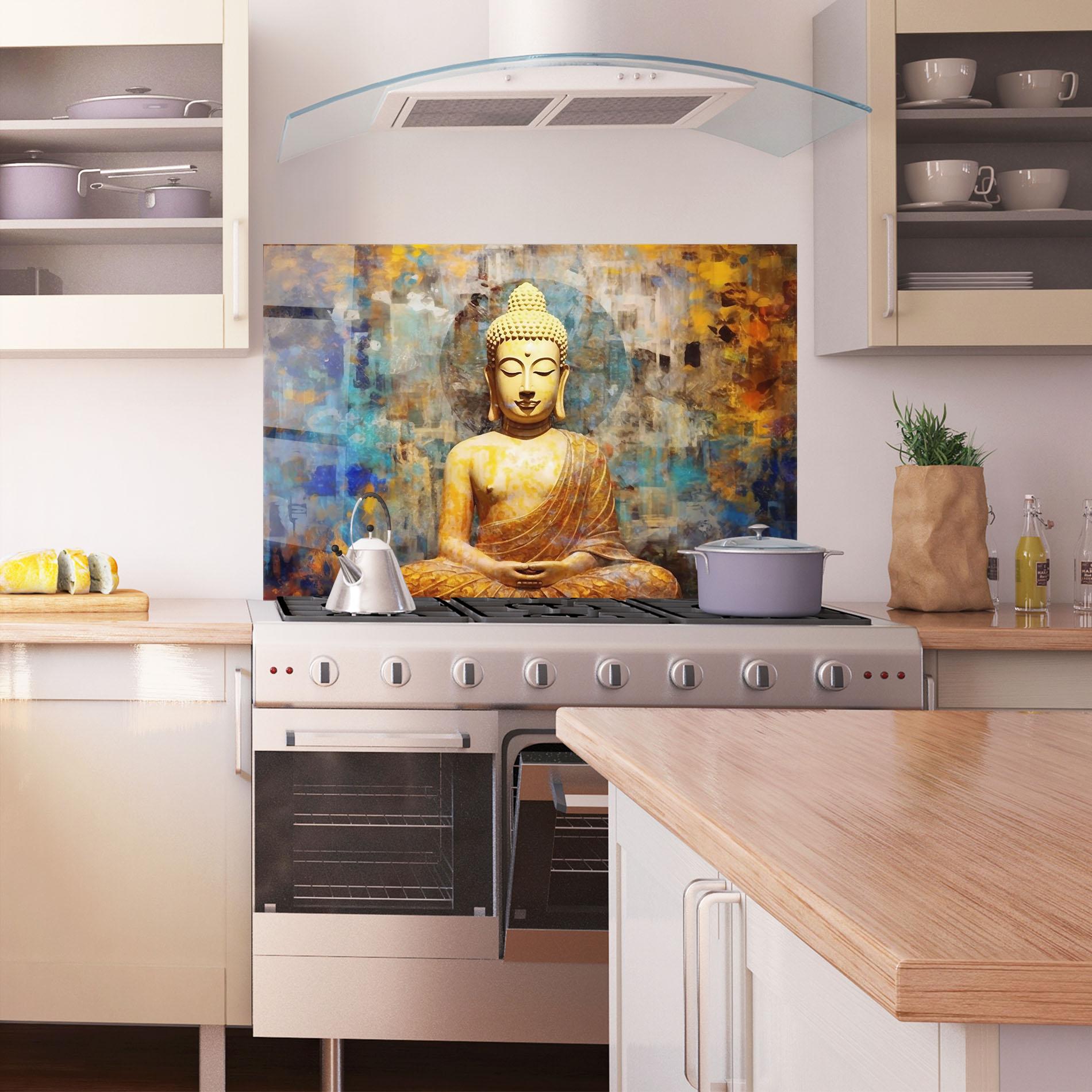 Konyhai üveg hátfal Buddha Blue Gold mockup 1