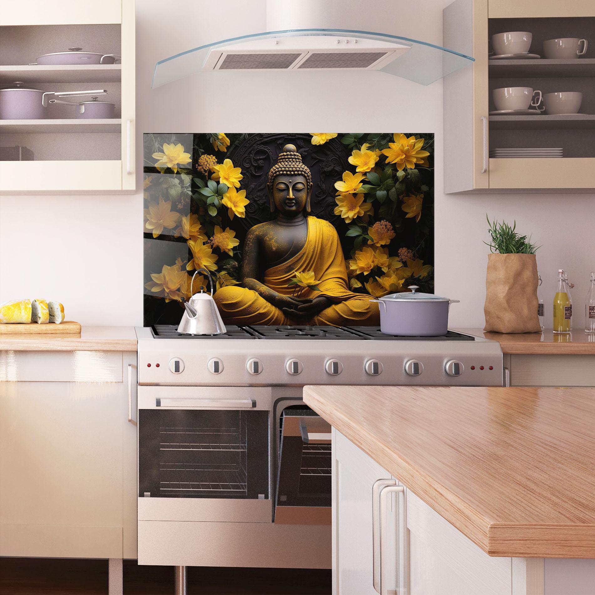 Konyhai üveg hátfal Buddha Yellow Statue mockup 1