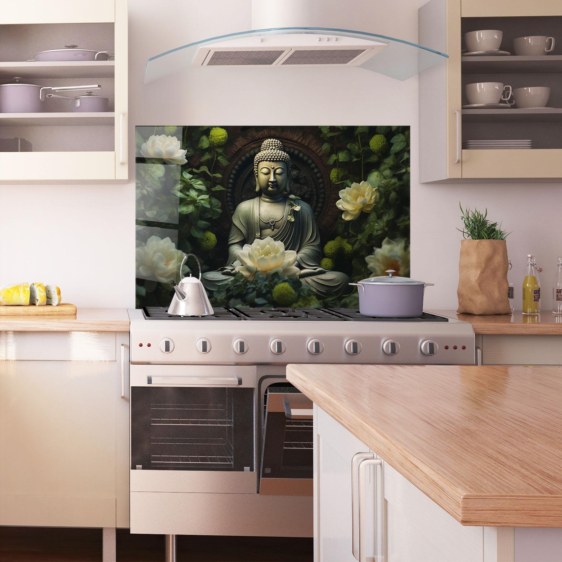 Konyhai üveg hátfal Cream Flower Buddha mockup 1