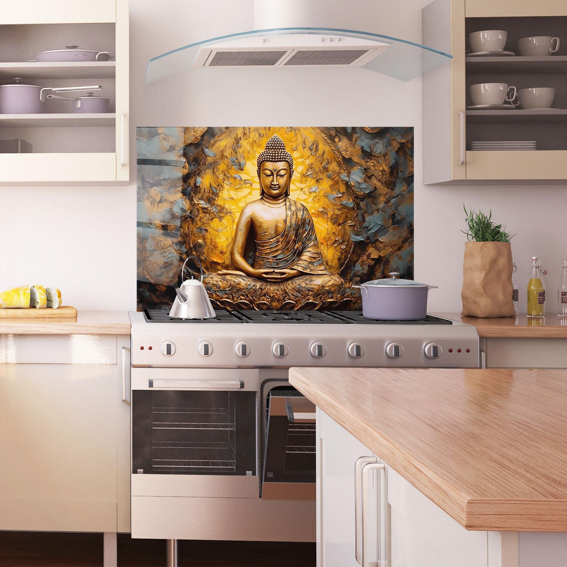 Konyhai üveg hátfal Gold Grey Buddha mockup 1