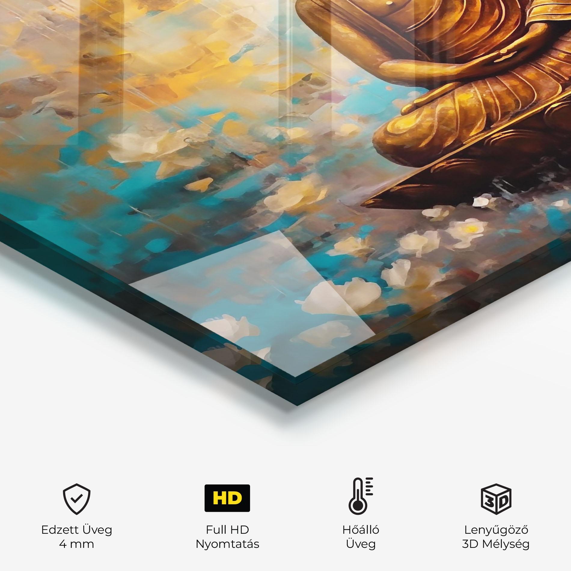 Konyhai üveg hátfal Blue Gold Buddha mockup 2