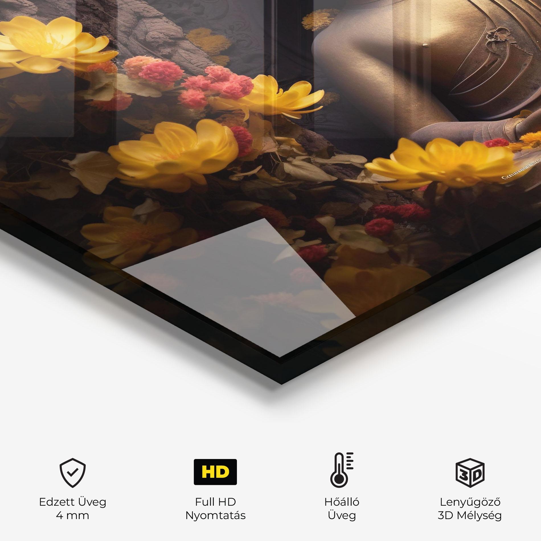 Konyhai üveg hátfal Buddha Yellow Red mockup 2