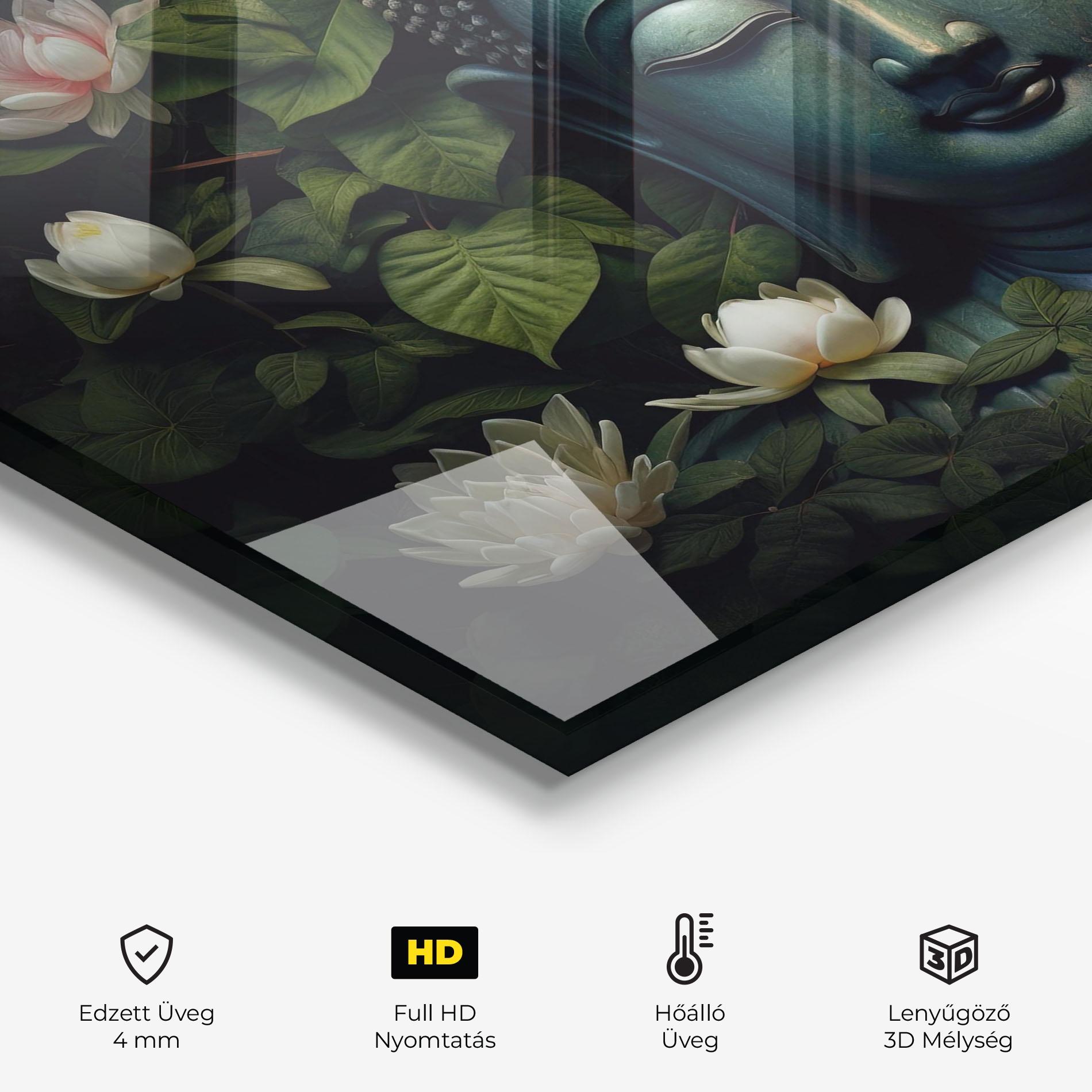 Konyhai üveg hátfal Green Statue Buddha mockup 2