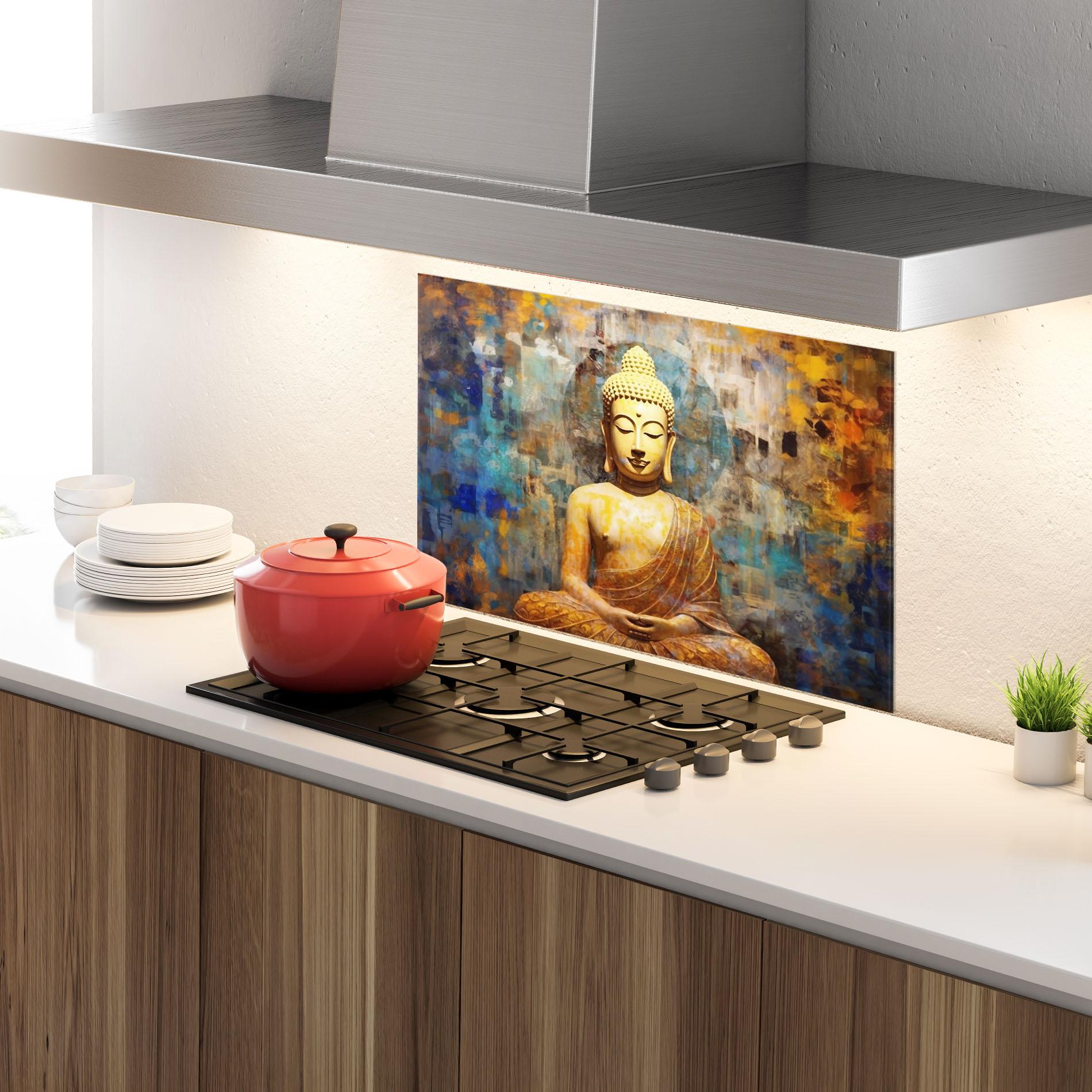 Konyhai üveg hátfal Buddha Blue Gold mockup 4