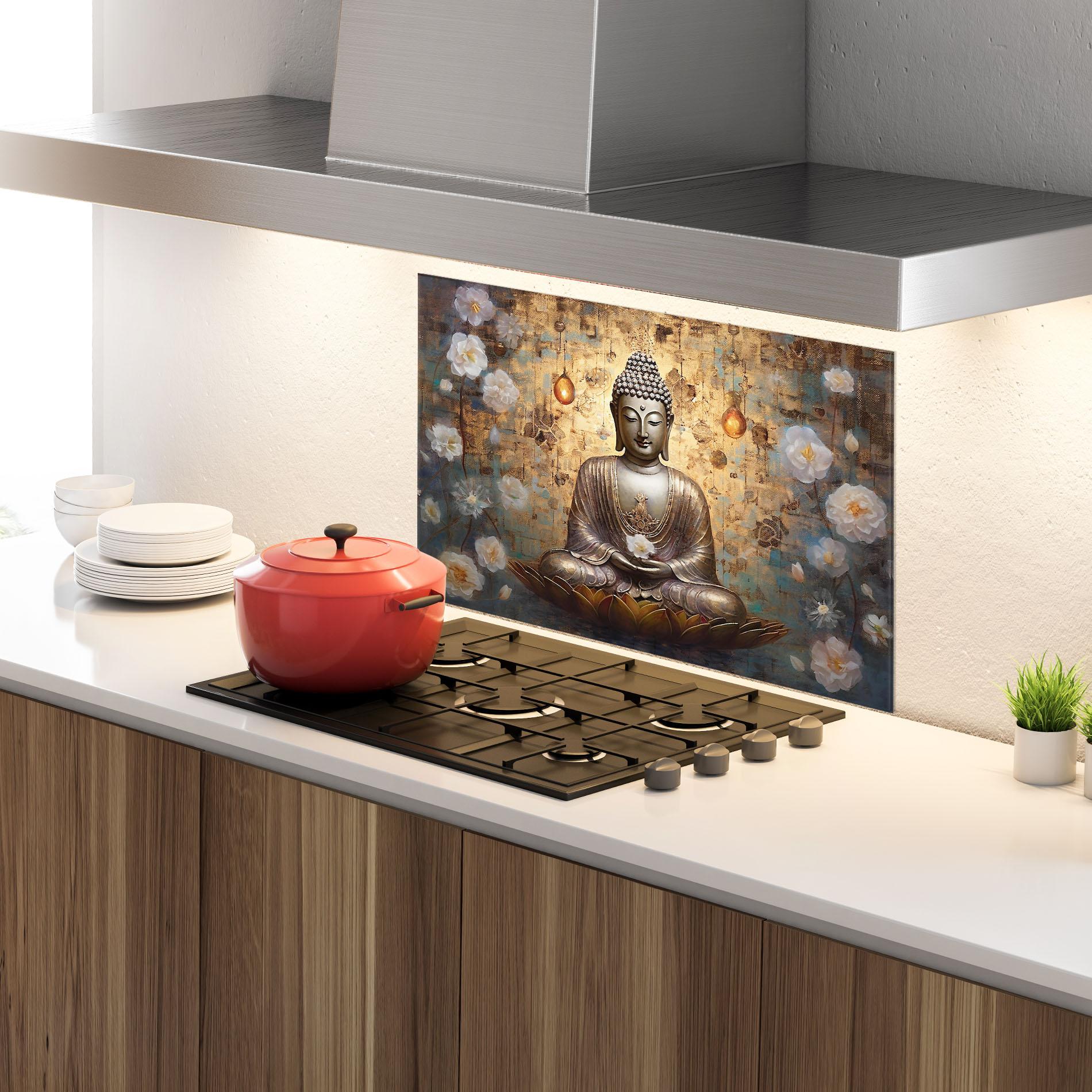 Konyhai üveg hátfal Buddha Meditation Art mockup 4
