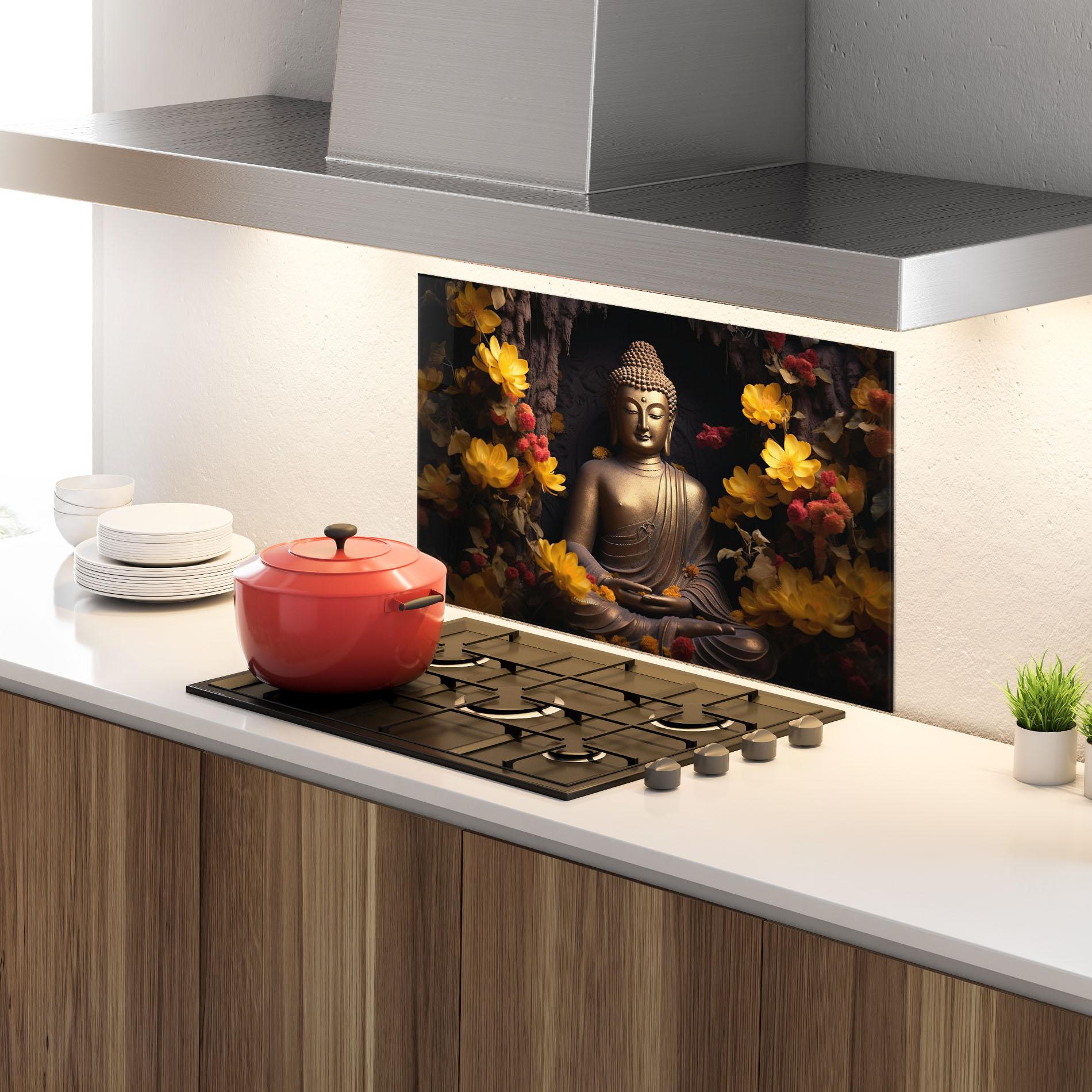 Konyhai üveg hátfal Buddha Yellow Red mockup 4