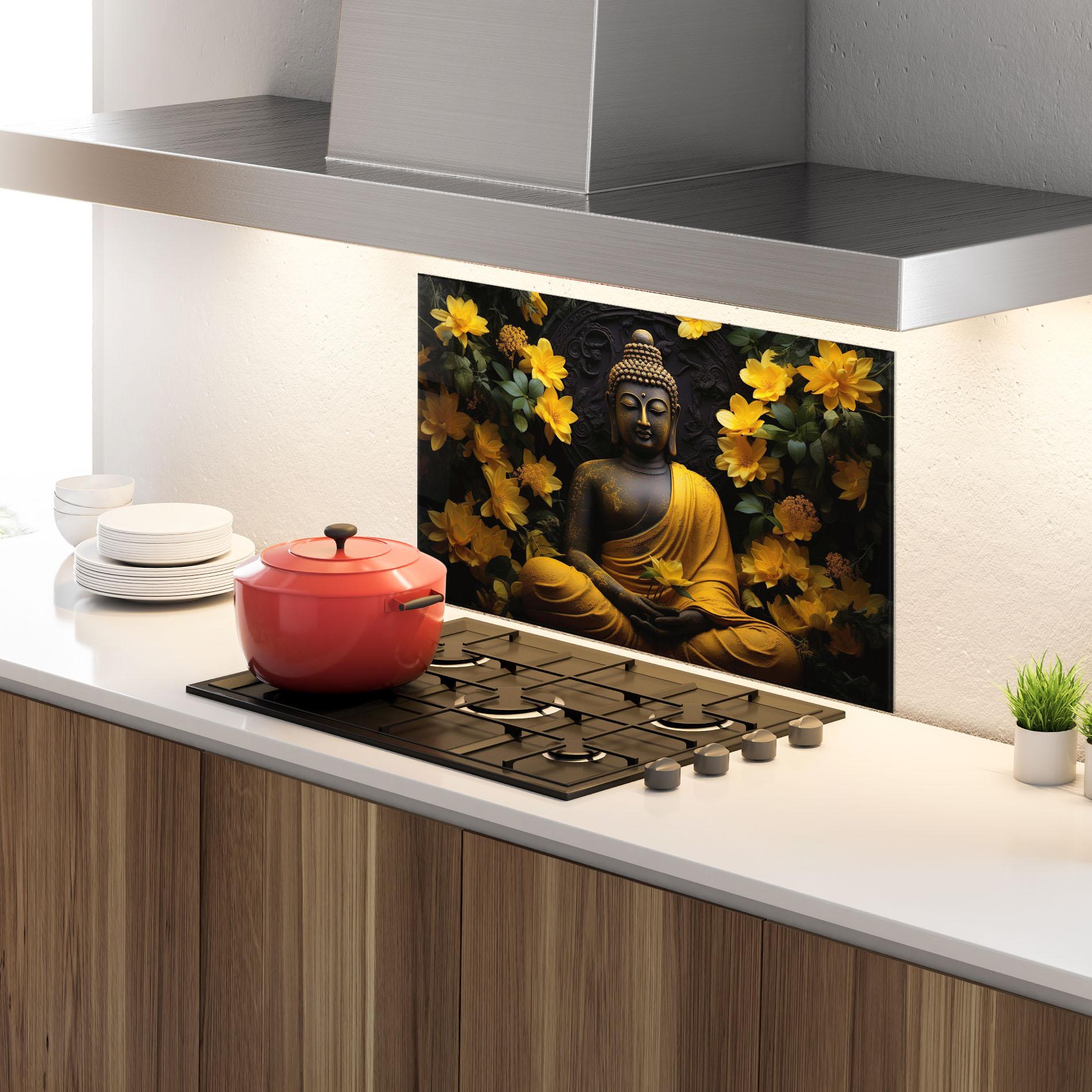 Konyhai üveg hátfal Buddha Yellow Statue mockup 4